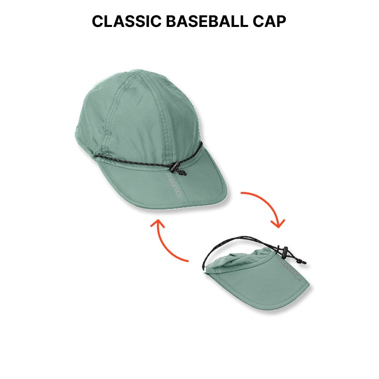 6-panel style, baseball cap, foldable, packable hat, slim packing, travel headwear, easy-to-store, UPF 50, sun protection, quick-dry, recycle material, one-size-fits-most, adjustable fit on adult and children head sizes, unisex