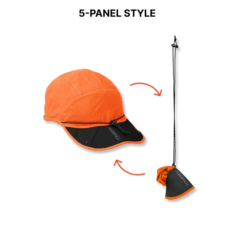 5-panel, soft brim visor, foldable, packable hat, UPF 50, sun protection, quick-dry, recycle material, one-size-fits-most, adjustable fit on adult and children head sizes, unisex, inspired by parachute and origami