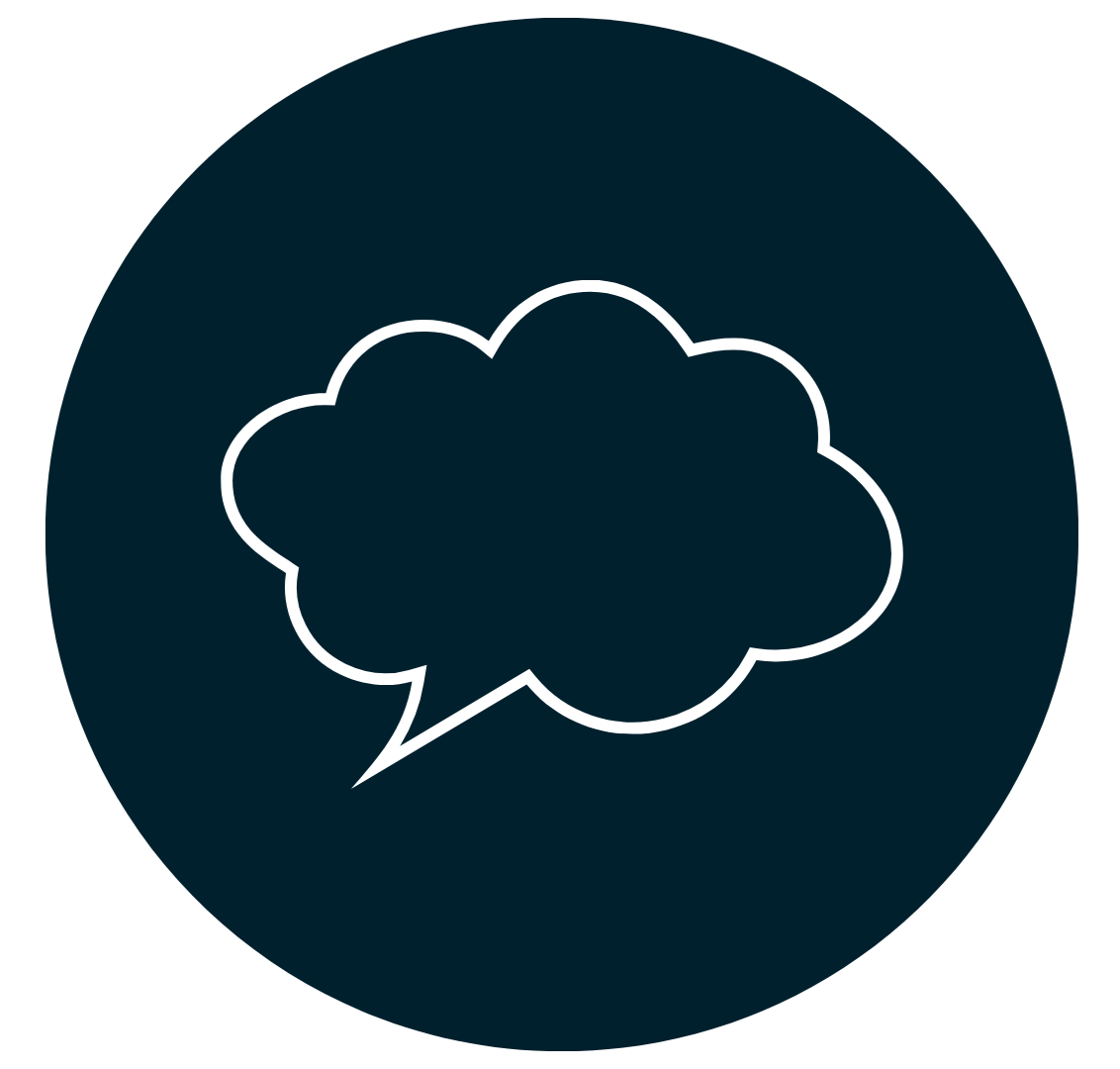 A speech bubble icon inside a dark circle background.