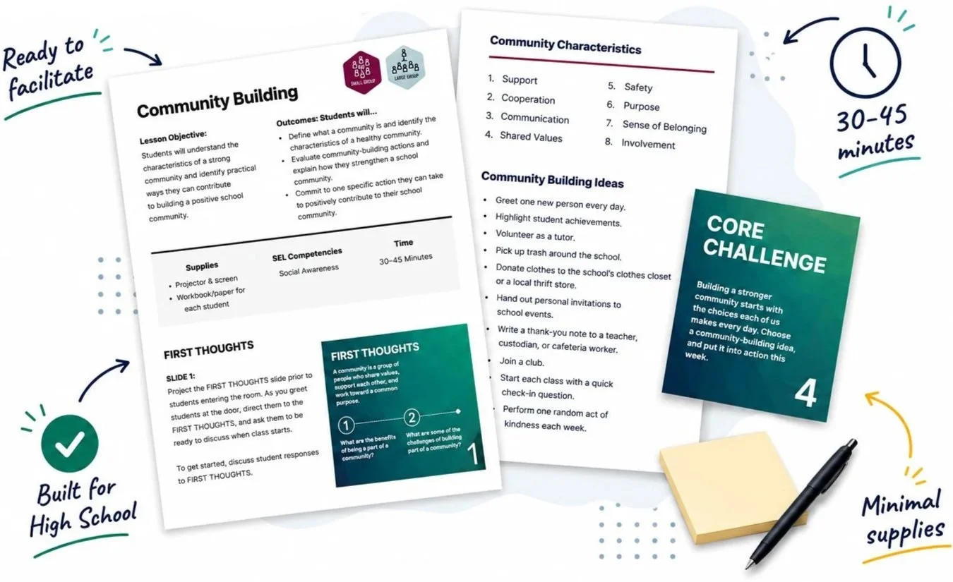 Example of a Core Lessons high school lesson with facilitator notes, presentation slides, discussion activities, and a Core Challenge.