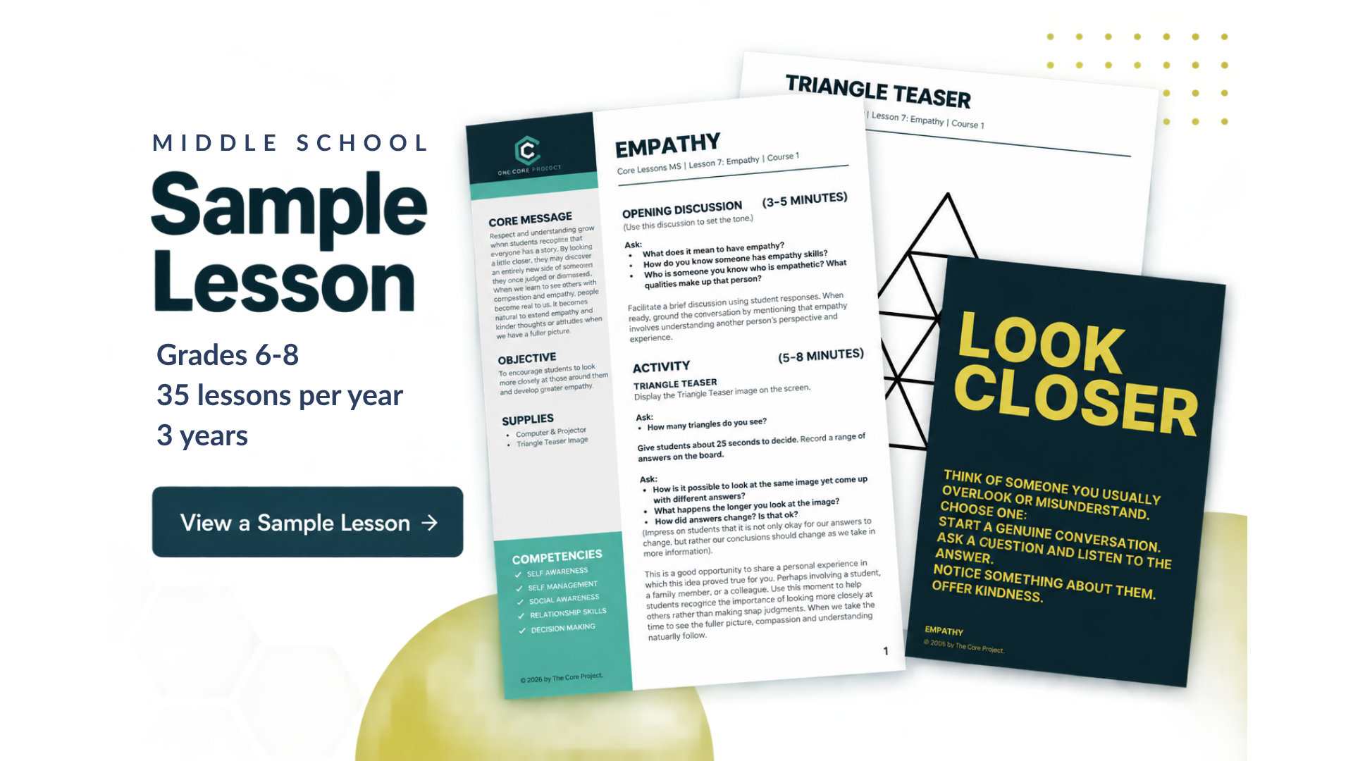 Free middle school SEL Lesson from Core Lessons on empathy with activity instructions, Triangle Teaser, and Core Challenge poster.