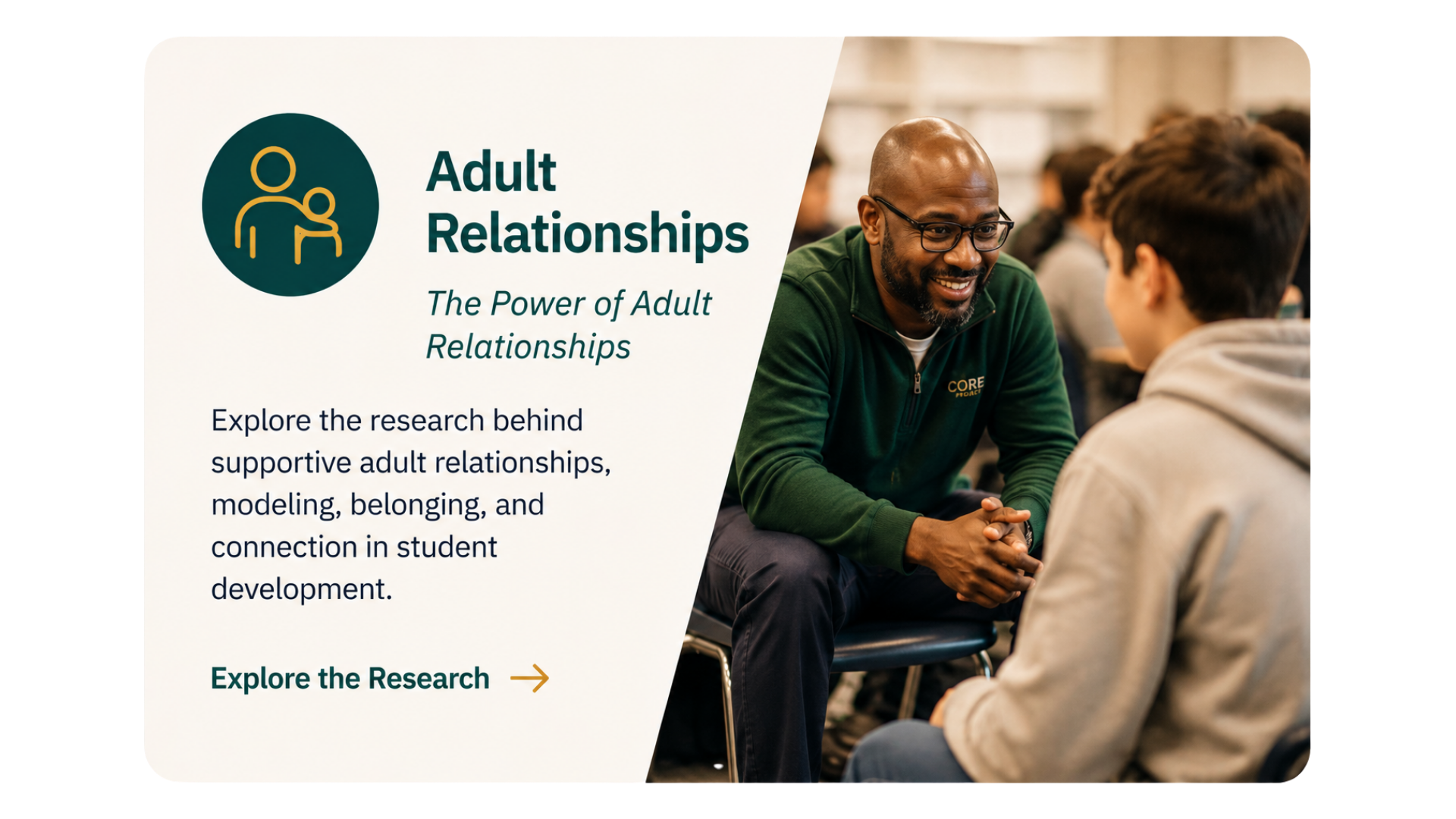 Educator and student in conversation illustrating The Core Project’s relationship-centered approach to student development.