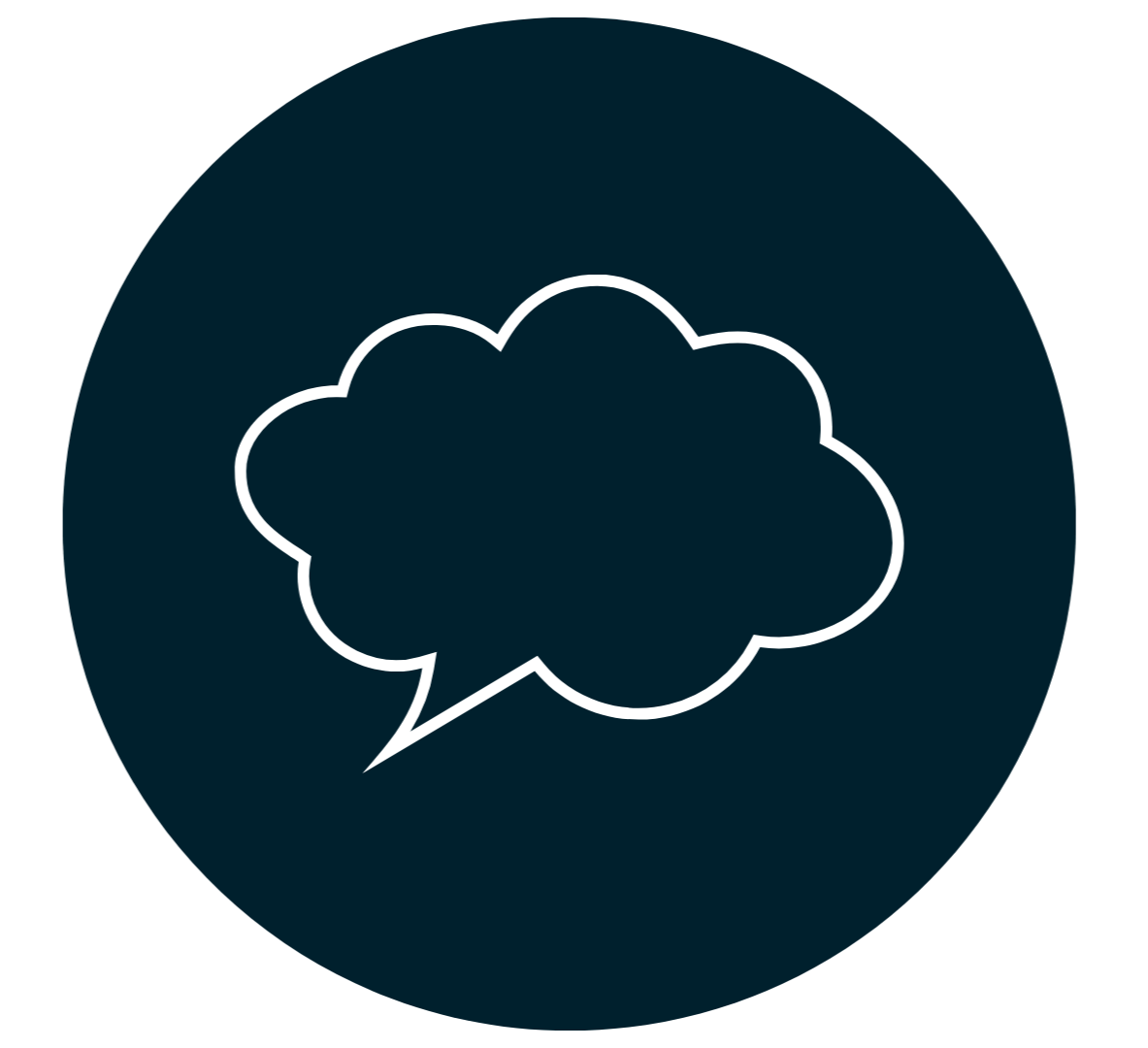 Speech bubble icon in the center of a dark blue circular background.