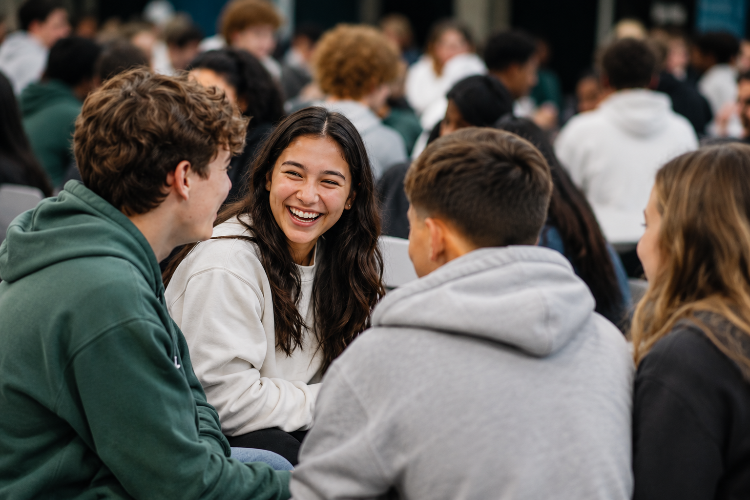 Students connecting with classmates through conversation at school.
