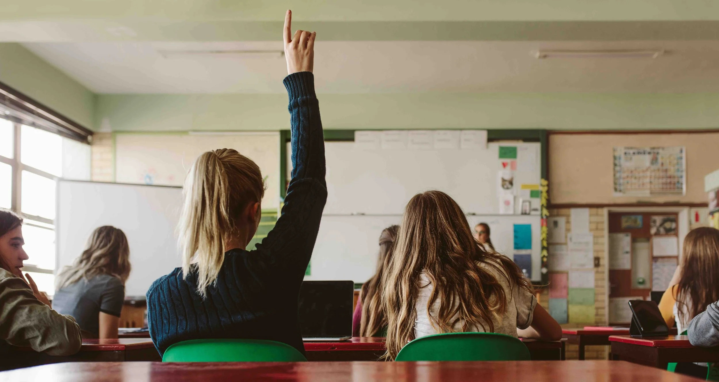 High School student raising hand during Core Lessons activity.