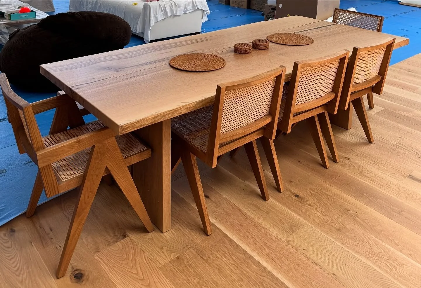 Live edge Oak table and matching bench. 
Some photos we received from our clients along with a couple we snapped before it shipped out. These Oak chairs are a perfect match! 
Dimensions- 96x40&rdquo;x30&rdquo; Table. 96x14&rdquo;x18&rdquo; Bench.
Mat