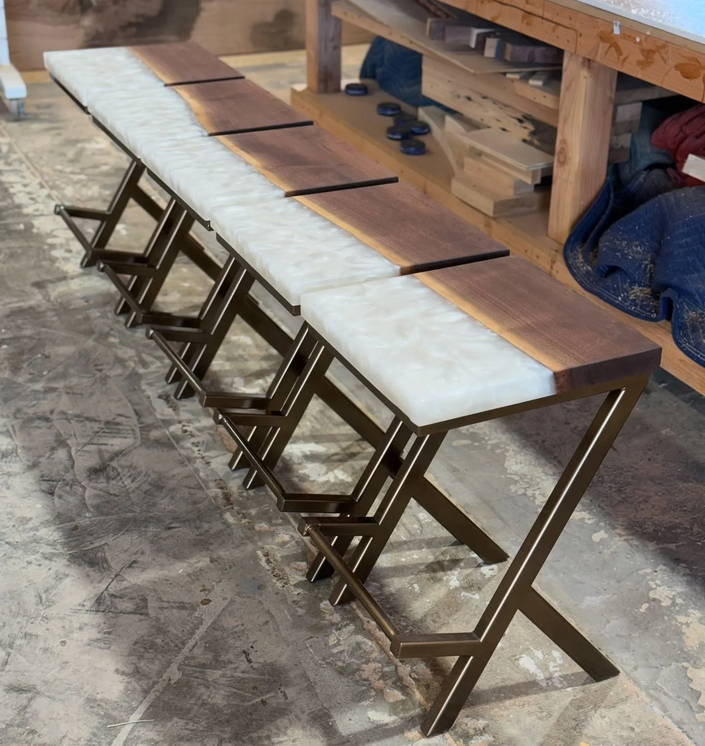 Barstools! 
Walnut slabs paired with white resin.
I fabricated these bases in house too. This was a fun project.
This set was made to match a dining table we made a few years back.
&mdash;&mdash;&mdash;
@kiwiwoodshop @superclearepoxy #barstools #resi
