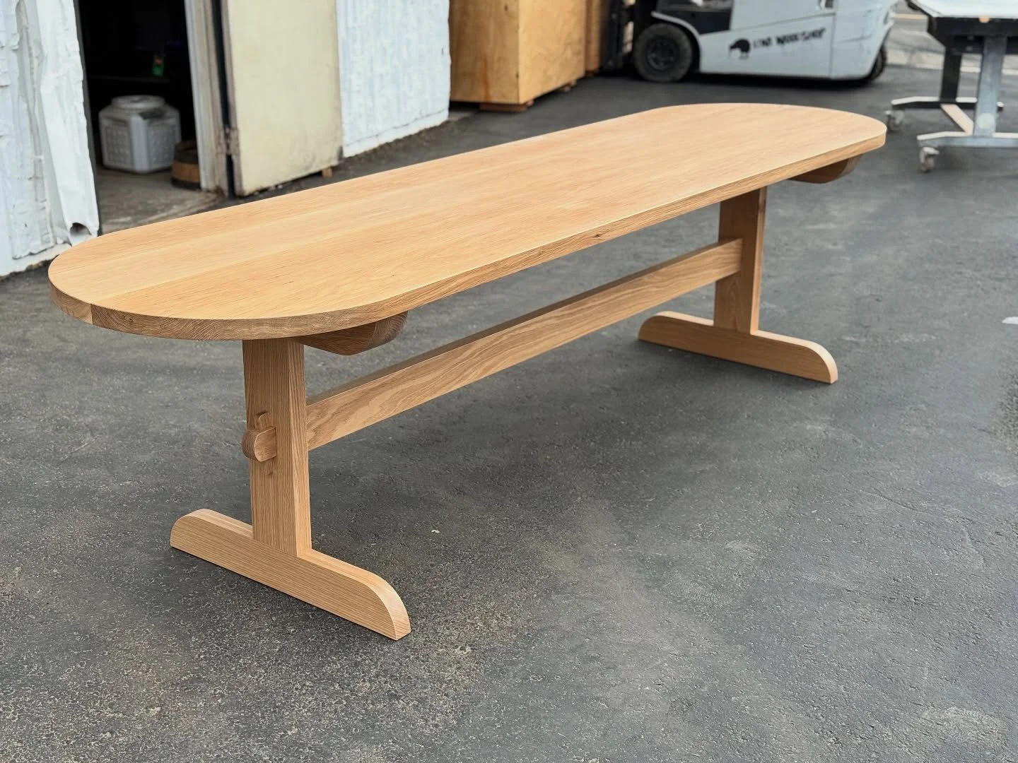 Back to back builds for this Style. Still have to name it!
So much fun making this one with the joinery that holds the base together. 
This one is made with solid White Oak, natural finish.
108x32”x30” to fit perfectly into a narrow nook.
