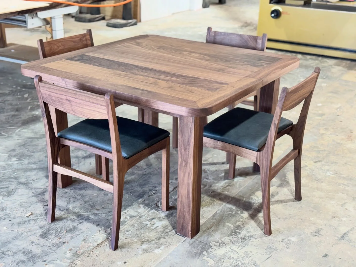 Just finished up this solid Walnut 48x48&rdquo; version of our &lsquo;Capri table. 
This one features a 24&rdquo; extension and 4&rdquo; border with rounded corners.
Paired with our &lsquo;Enzo chairs, also in solid Walnut.
&mdash;&mdash;&mdash;
This