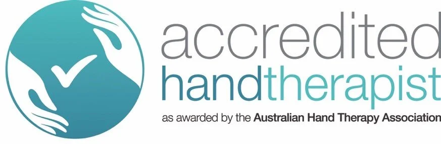 Logo of accredited hand therapist with a graphic of two hands and a checkmark, along with text indicating certification by the Australian Hand Therapy Association.