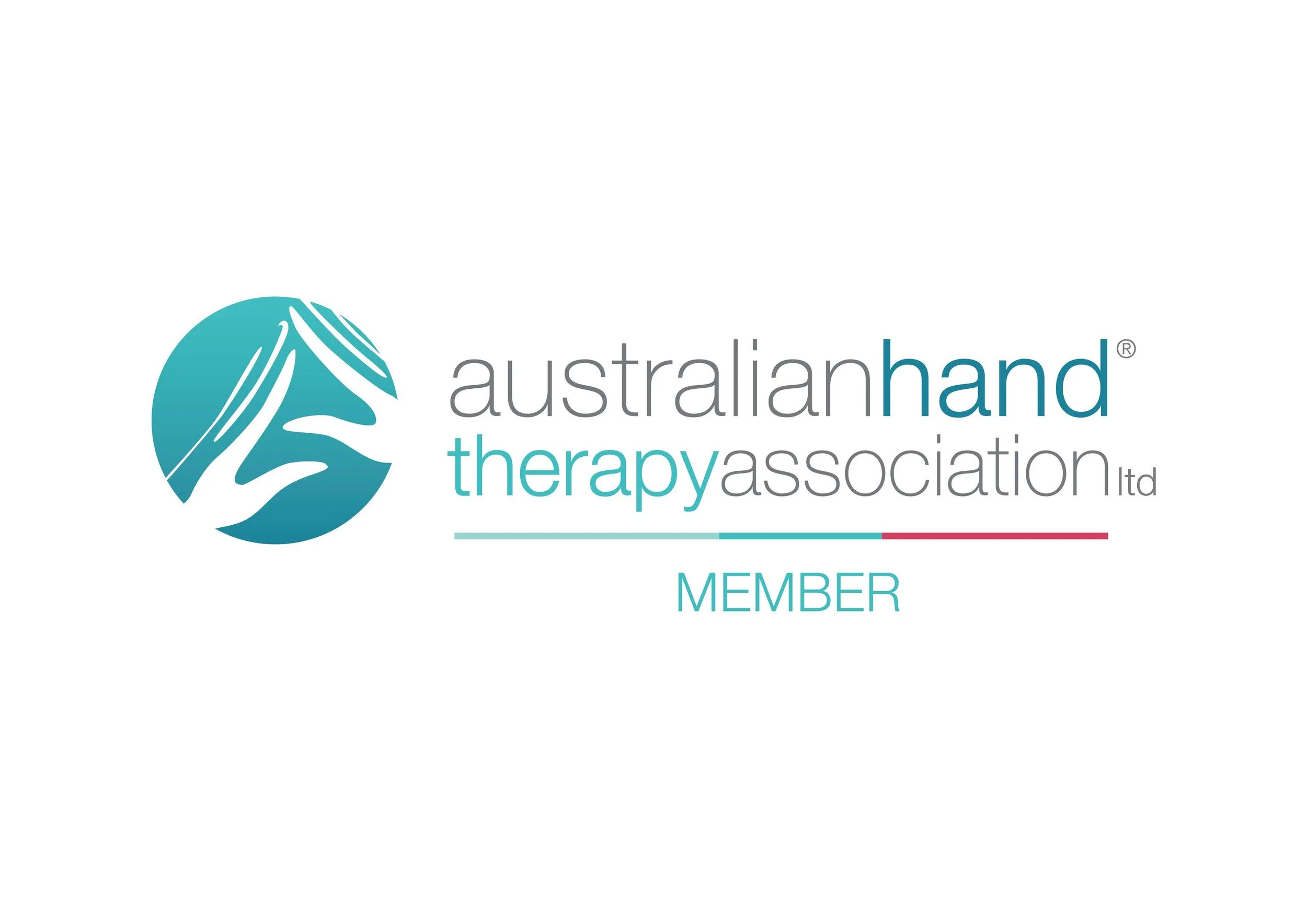 Logo of Australian Hand Therapy Association featuring a stylized hand in a blue circle and the name of the organization.