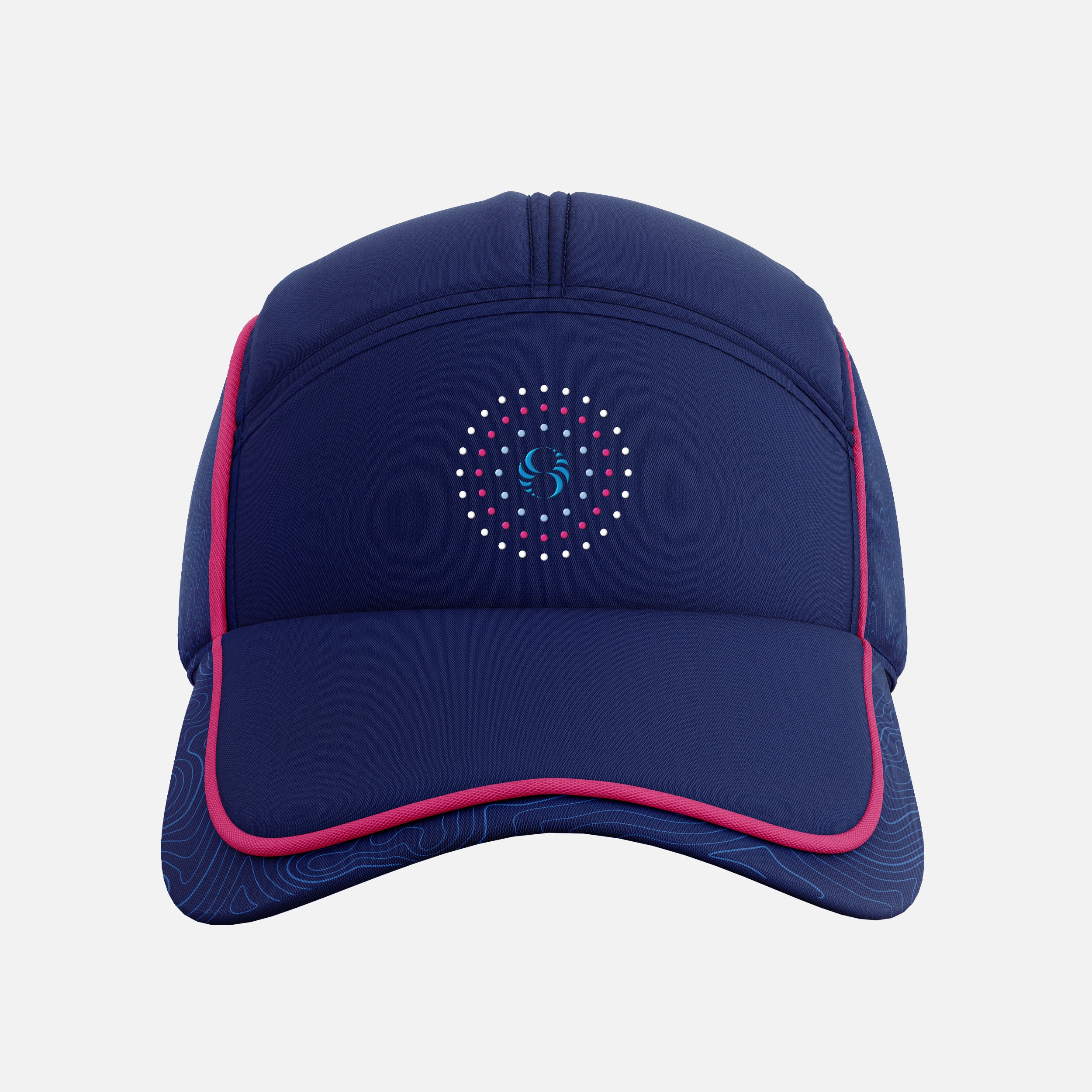 A navy blue portable speaker with pink trim and a circular array of small white, pink, and blue holes, set against a plain white background.
