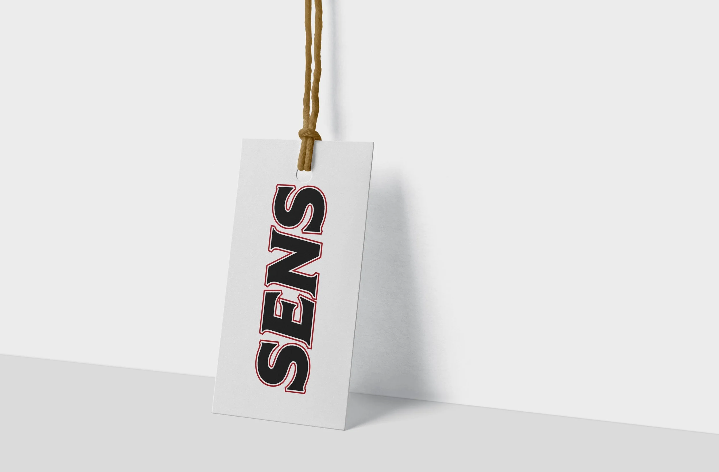 White sign with the word 'SALE' in large black letters with red outline, hanging from a brown string attached to the wall.