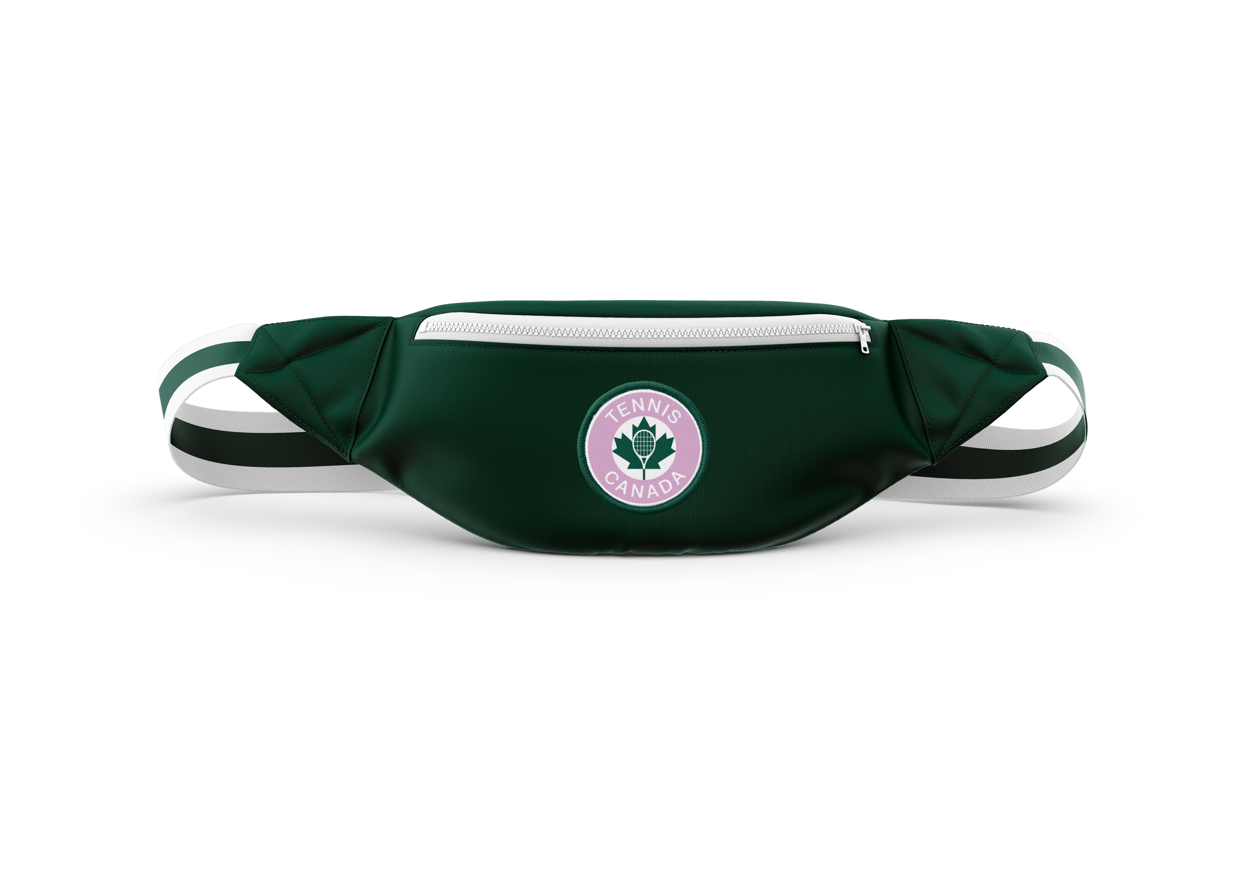 A green tennis bag with a white zipper and a circular patch that says "Tennis Canada" with a tennis ball and leaf logo.