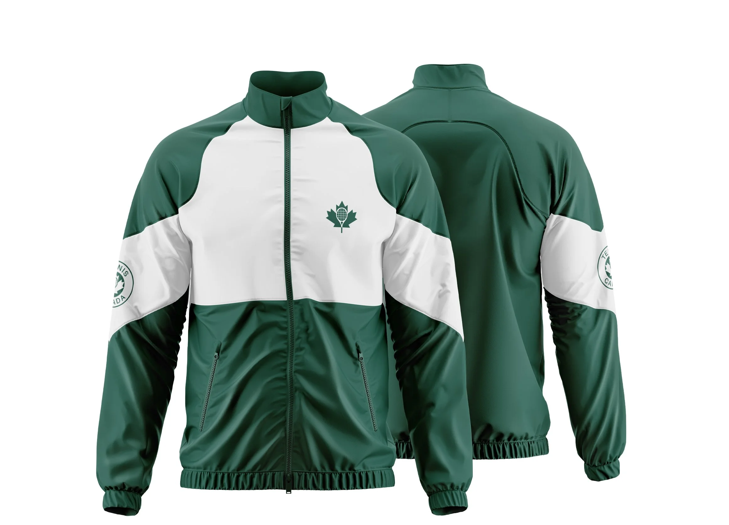 Green and white zip-up athletic jacket with a maple leaf logo on the front and Switzerland jacket logo on the sleeve.