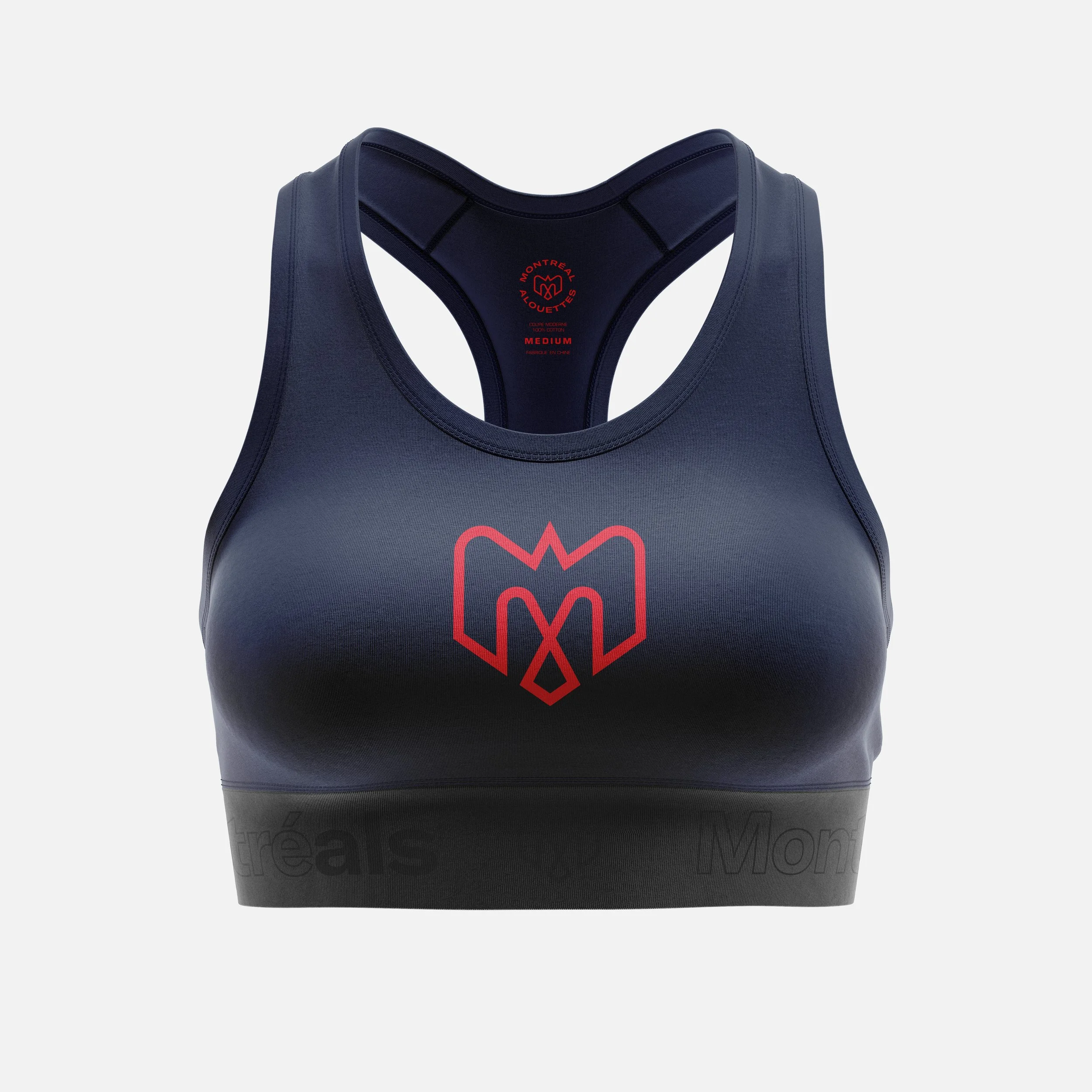 Navy blue sports bra with red Montreal Alouettes logo and text on the inside label