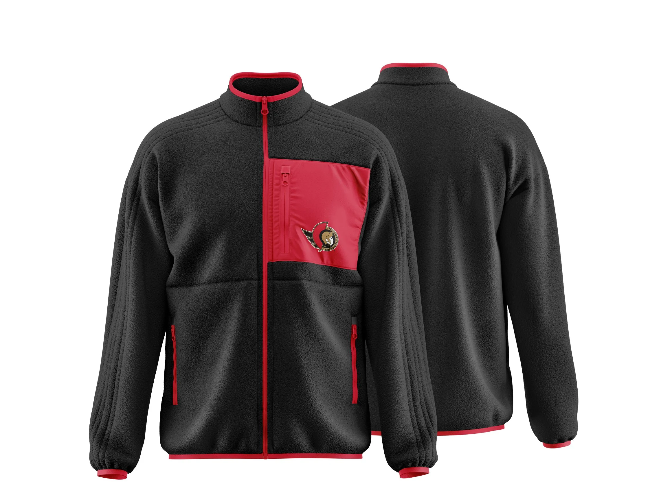 Black and red Ottawa Senators fleece jacket with a chest pocket and team logo, front and back views.