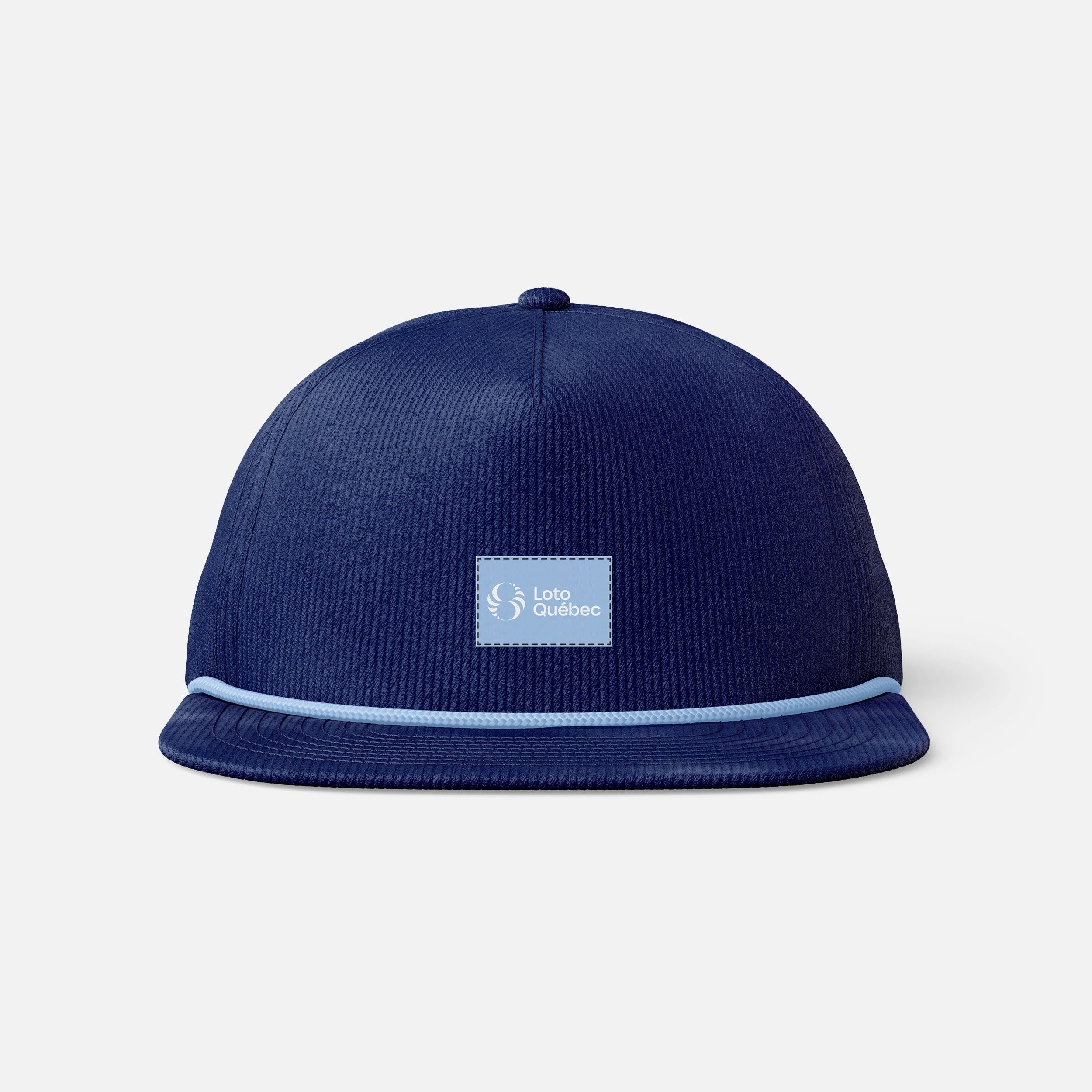 A navy blue baseball cap with a curved brim, featuring a logo of Loto Québec with a stylized swirl and the words "Loto Québec."