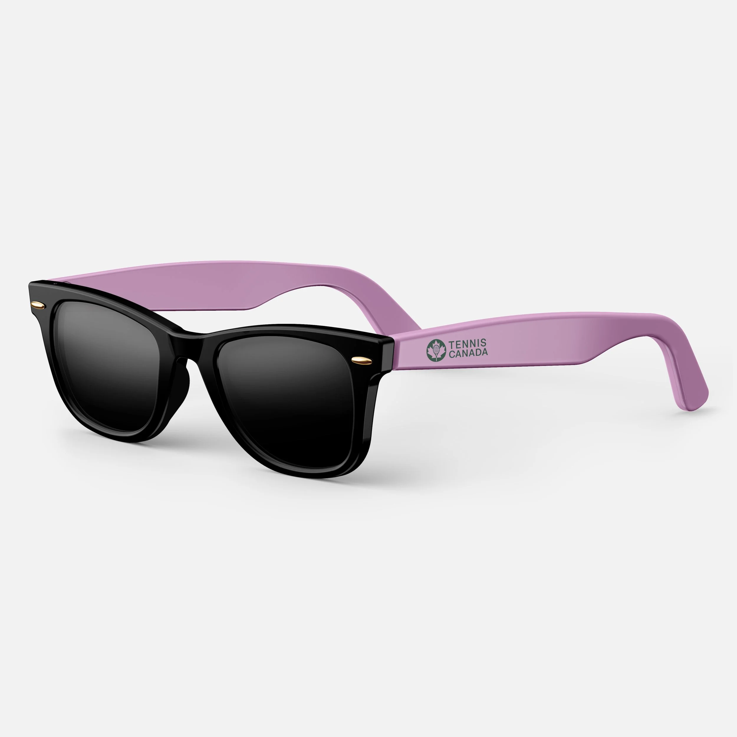Part of a pair of black sunglasses with pink arms, with a logo that reads 'Tennis Canada' and a tennis ball symbol.
