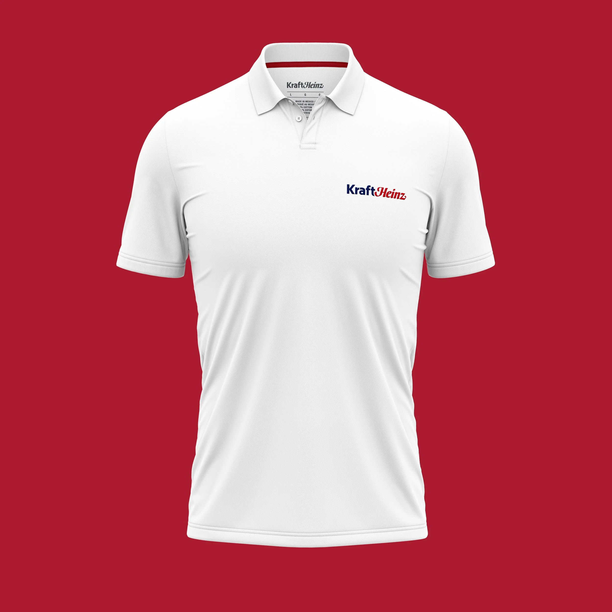White polo shirt with Kraft Heinz logo on red background.