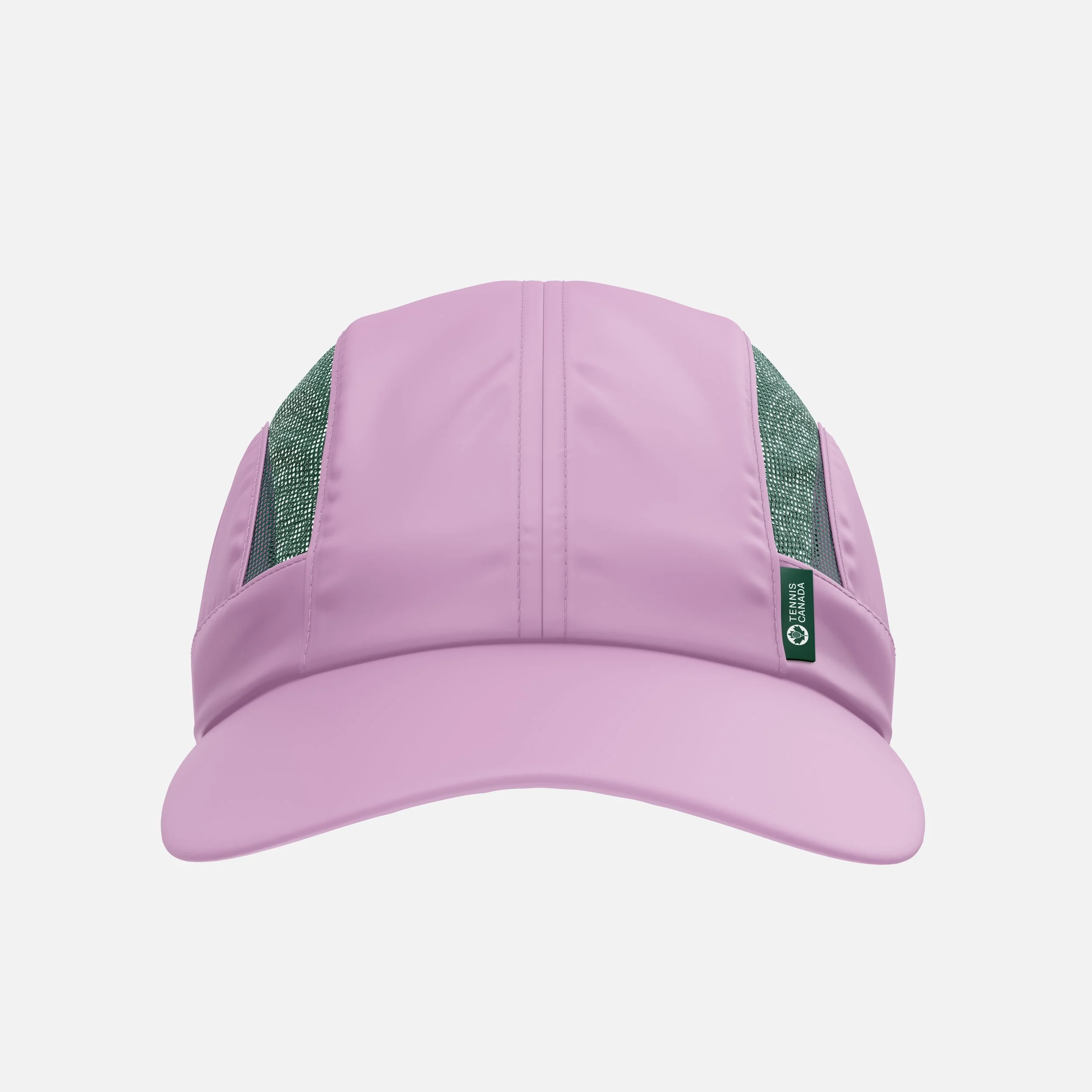 A pink backpack with green mesh side pockets and a tag that reads "TENNIS CANADA" lies on a plain white background.