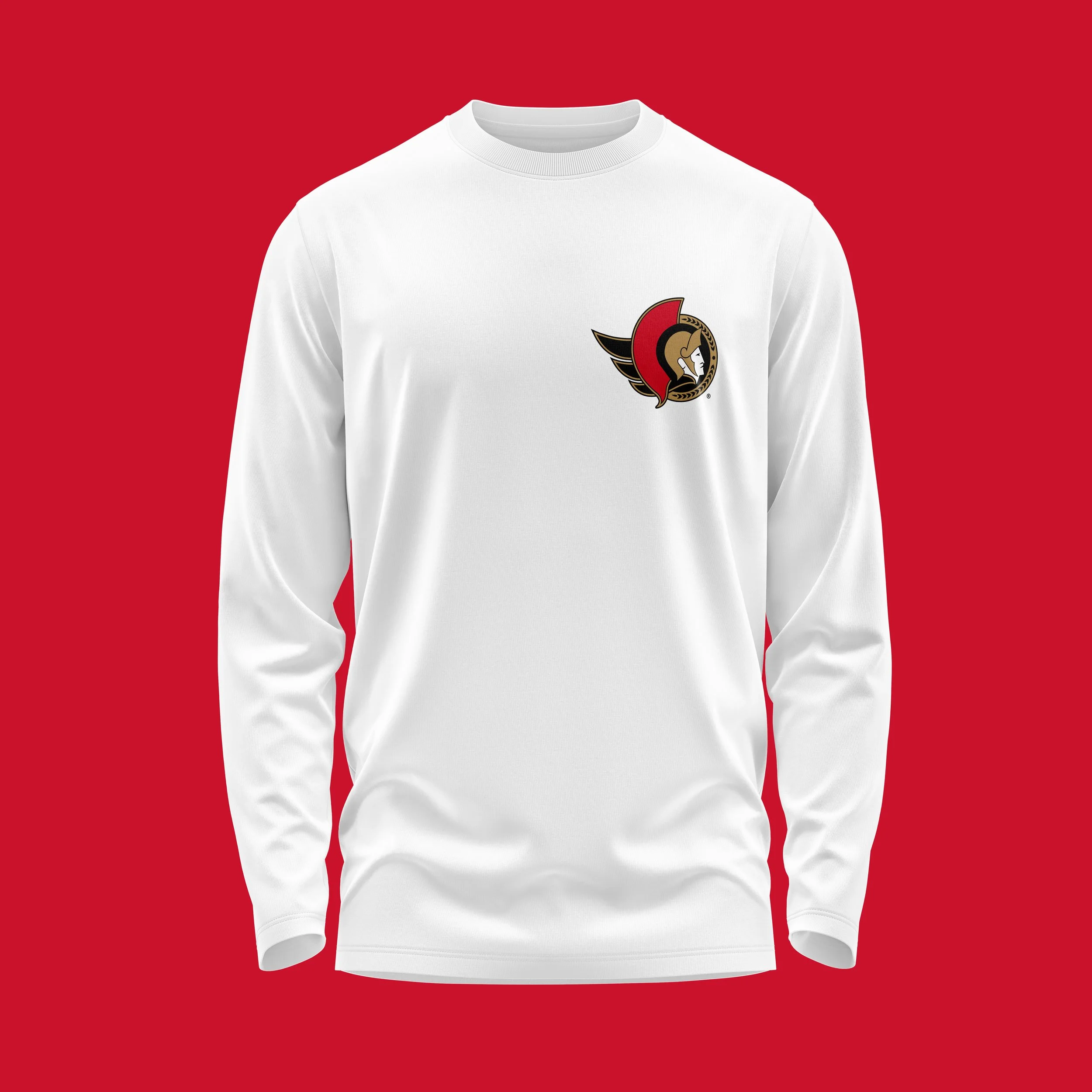 White hockey jersey with a logo of a Roman soldier's profile and a winged helmet, set against a red background.