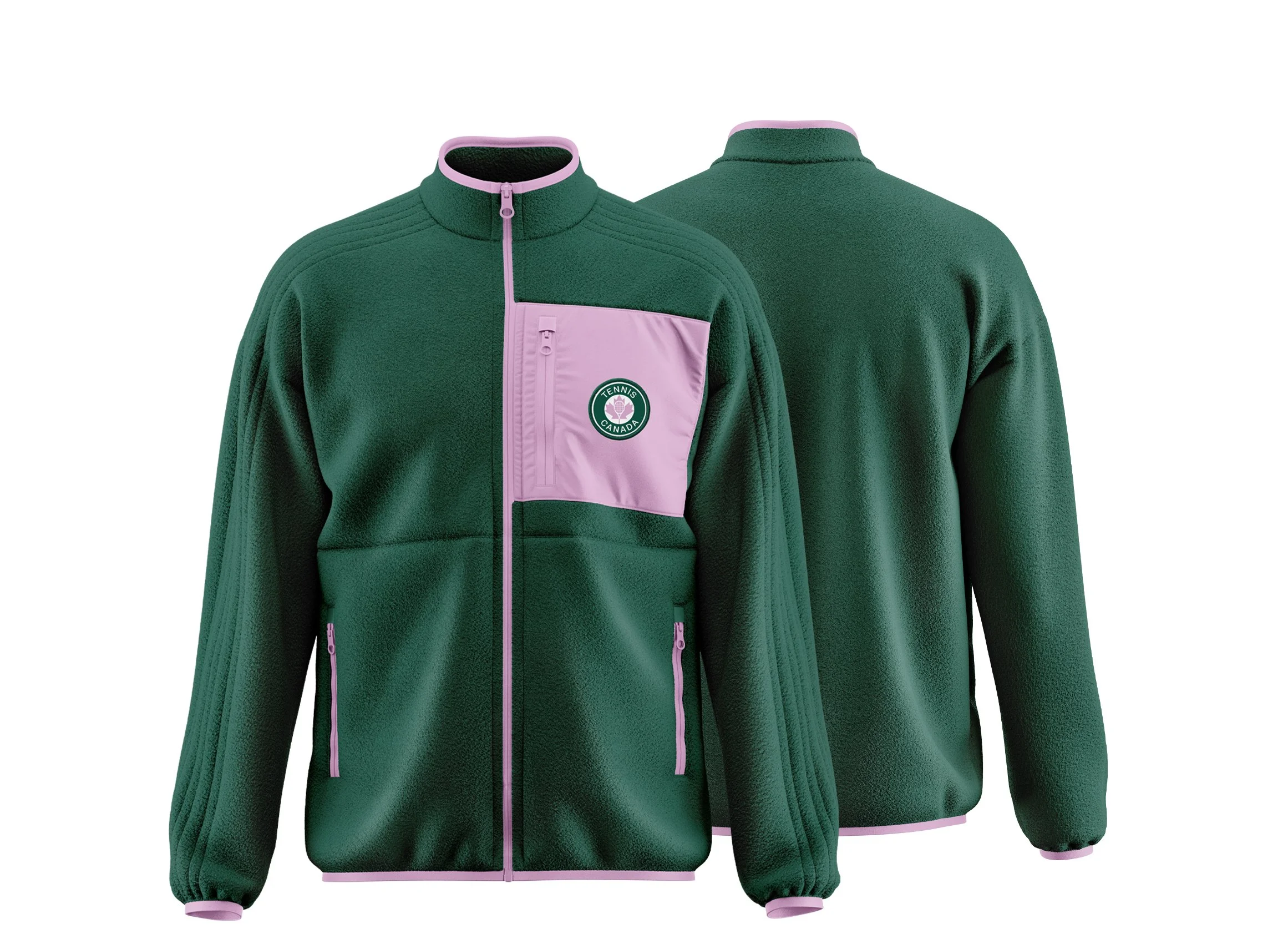 A green fleece jacket with pink accents, featuring a zippered chest pocket with a tennis Canada logo, front zip, and standing collar.
