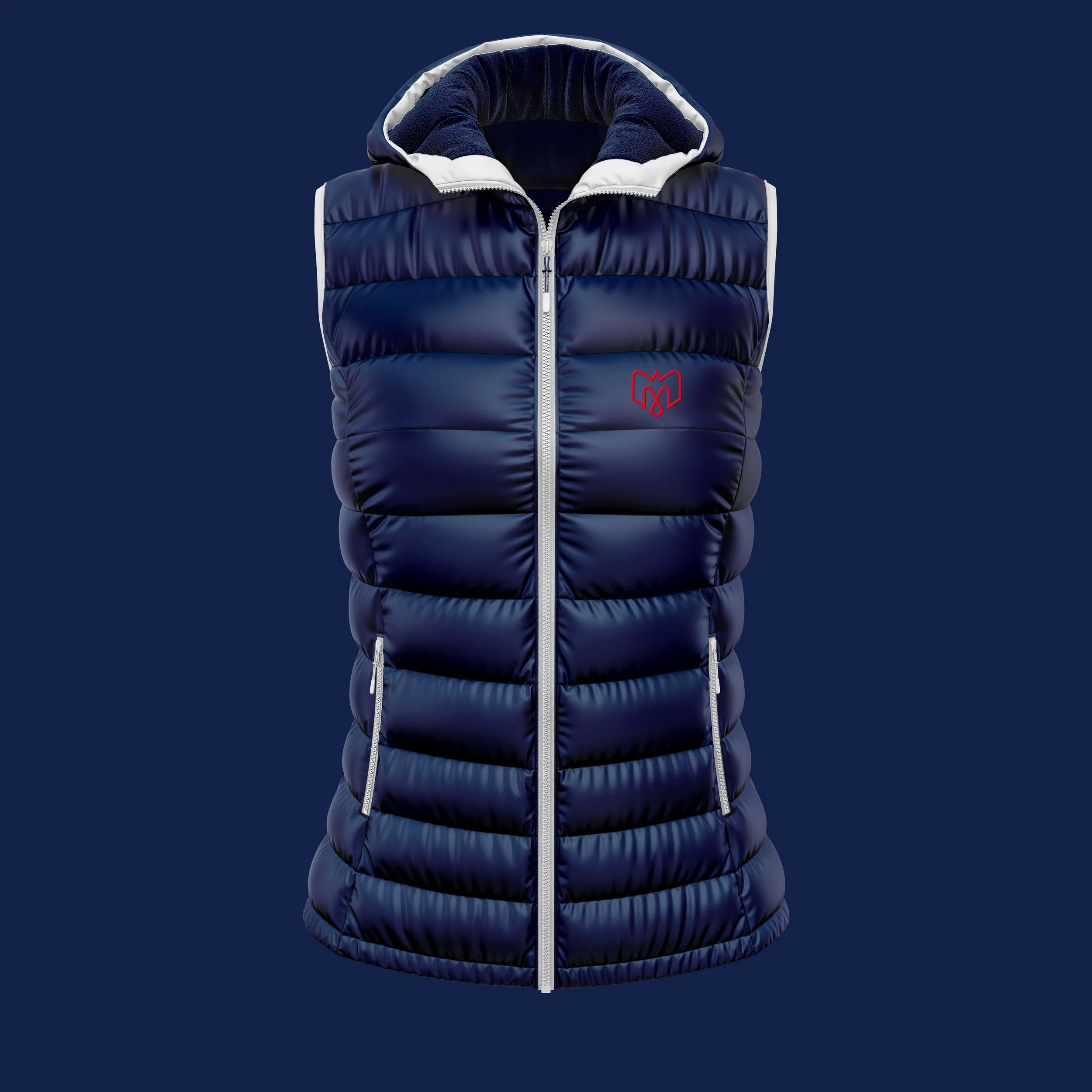 A navy blue puffy jacket with a white zipper and a red logo on the left side of the chest, against a dark blue background.