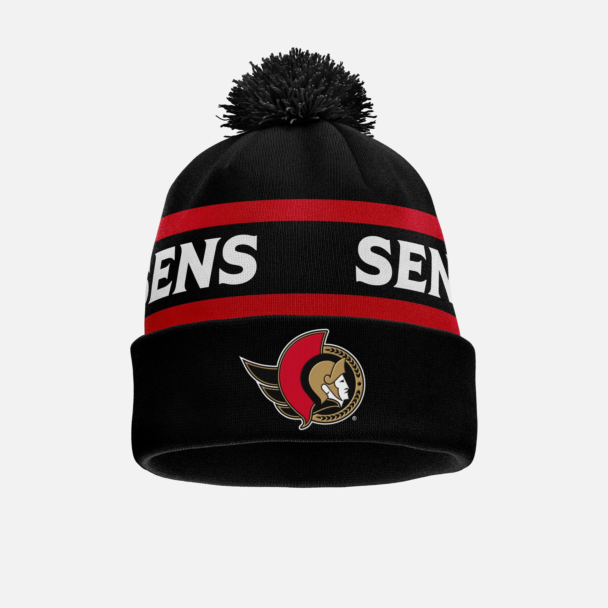 Close-up of a black beanie hat with red and white stripes and the Ottawa Senators logo, featuring a Roman senator's profile with a gold laurel wreath.