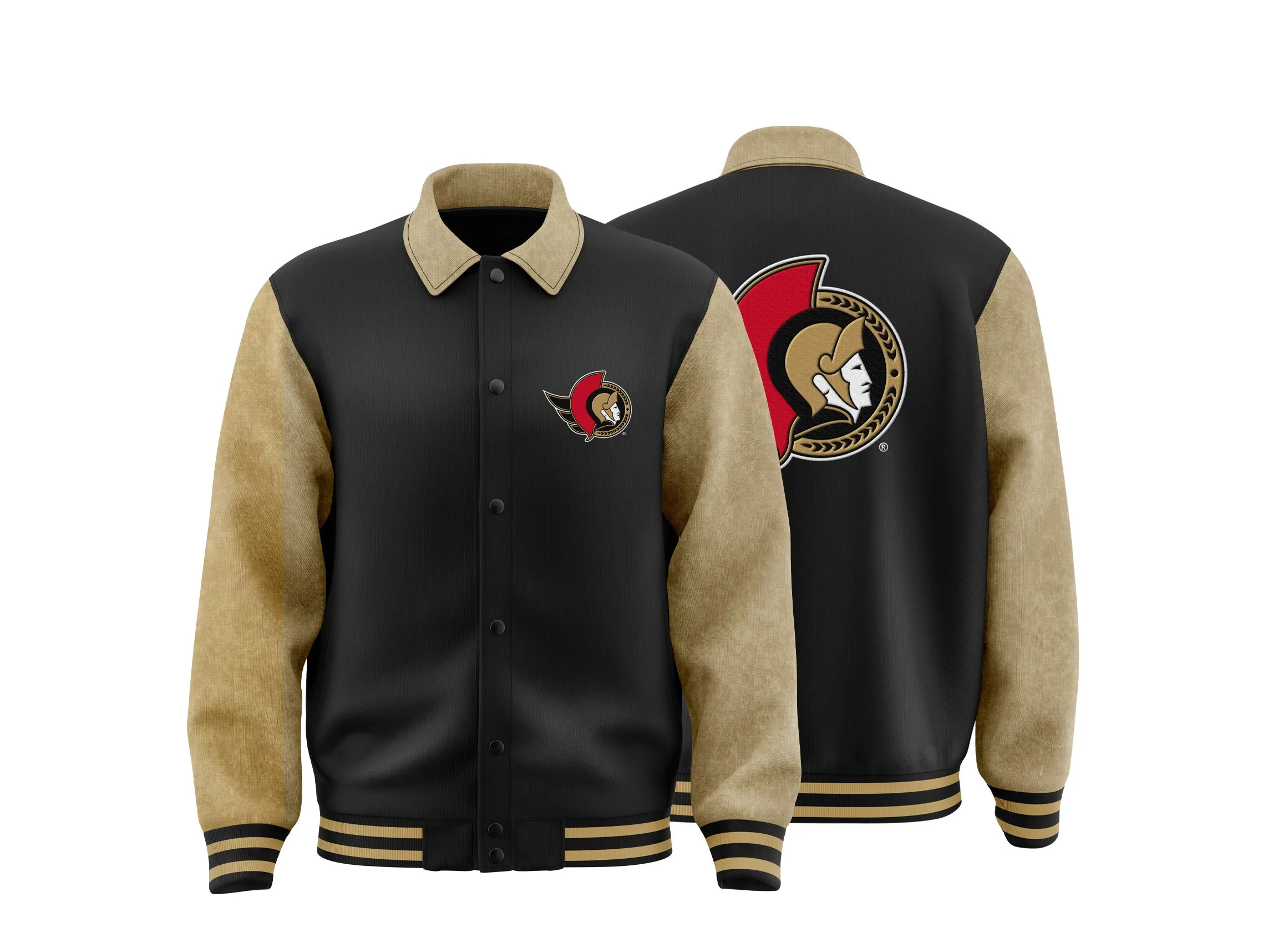 A black and beige varsity jacket with striped cuffs, featuring the Ottawa Senators hockey team logo on the front and back.