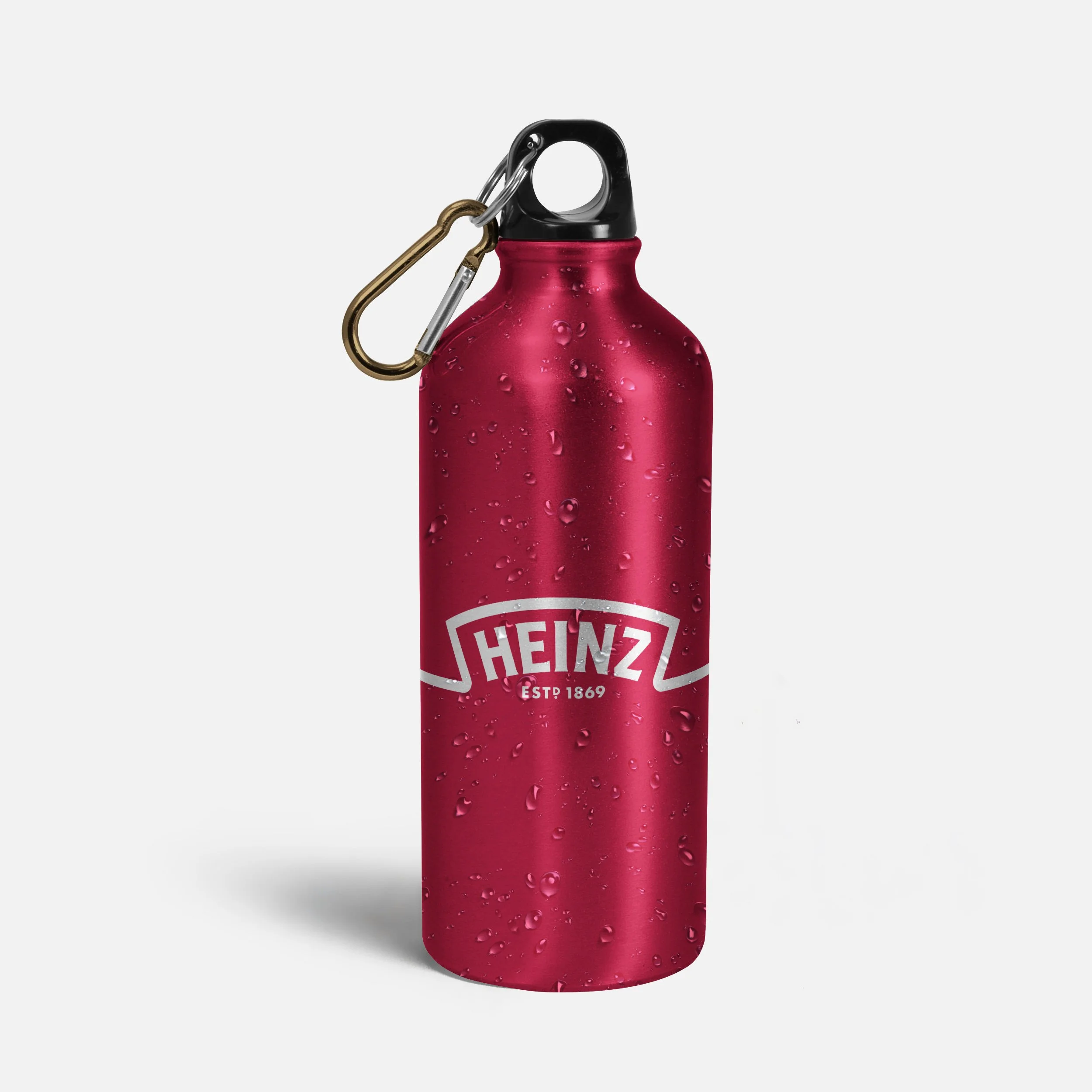 Red Heinz water bottle with carabiner clip