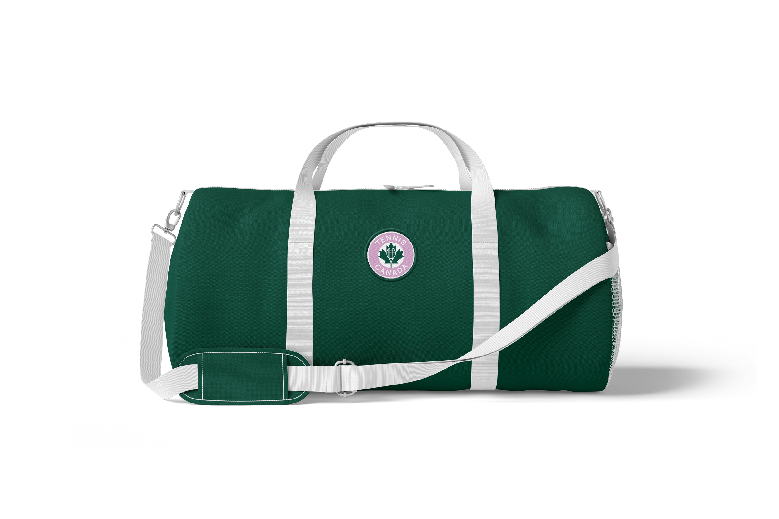 Green and white tennis duffel bag with a circular logo that says 'Tennis Canada' and features a leaf, placed on a reflective surface against a black and white background.