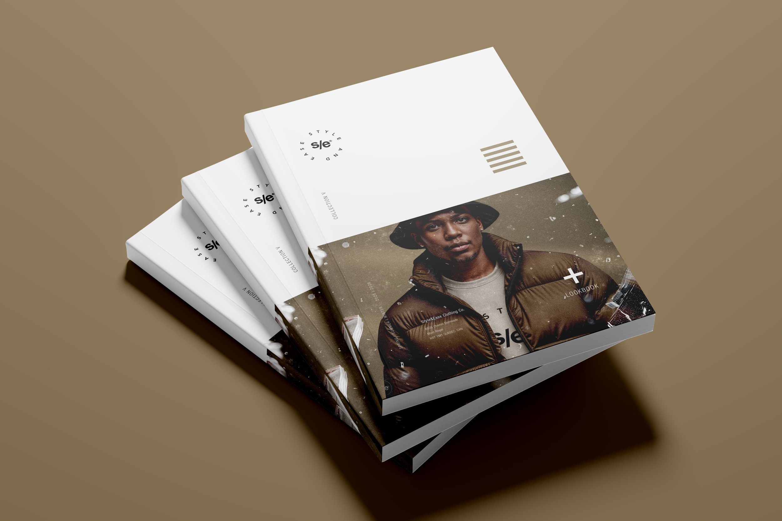 Three stacked mockup clothing catalogs featuring a male model wearing a brown puffer jacket and black hat, with a beige background and minimal style layout.