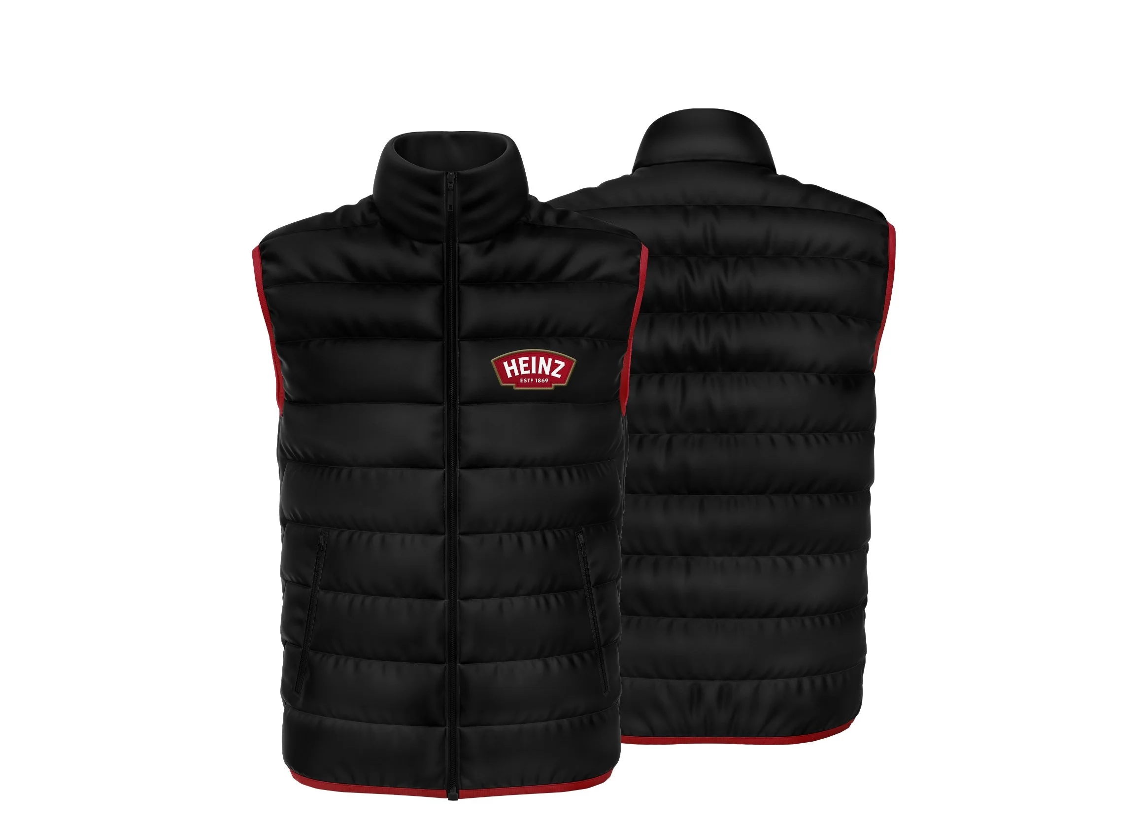 Black puffer vest with Heinz logo on front and back view
