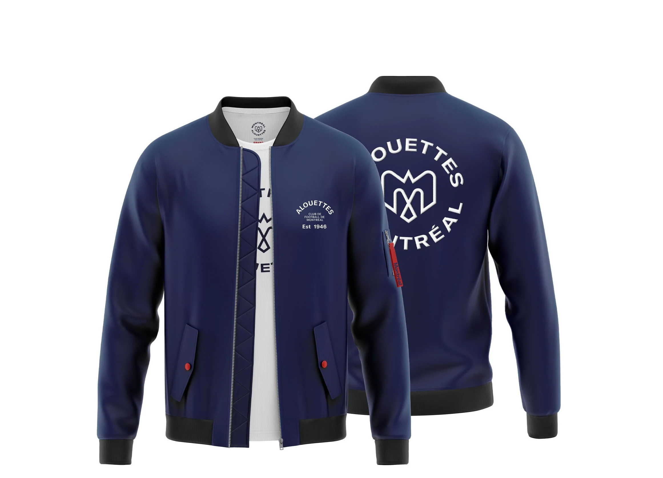 A blue bomber jacket with black collar and cuffs, featuring white text and logo prints on the front and back.