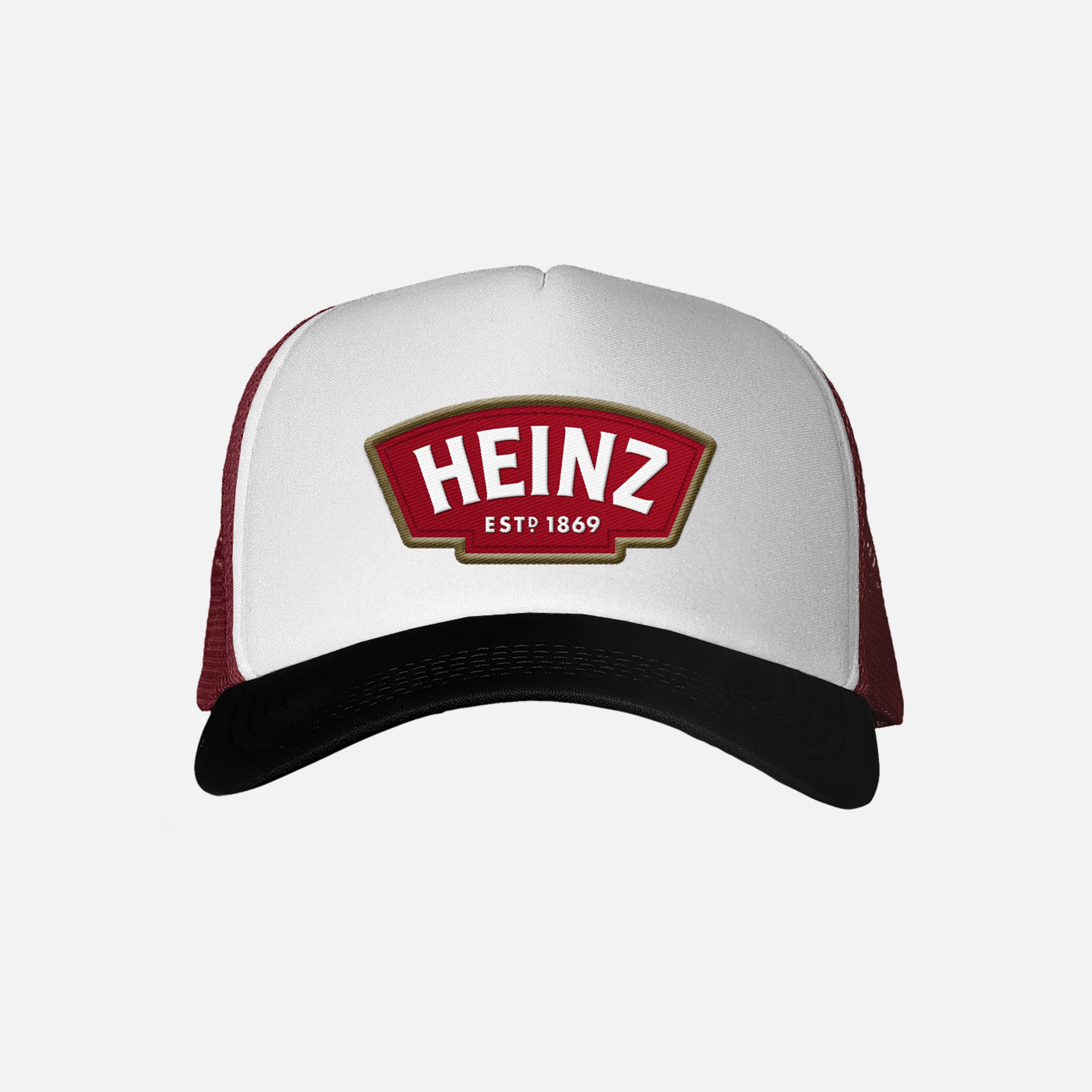 Heinz logo on a trucker hat, white front panel, red mesh back, black brim