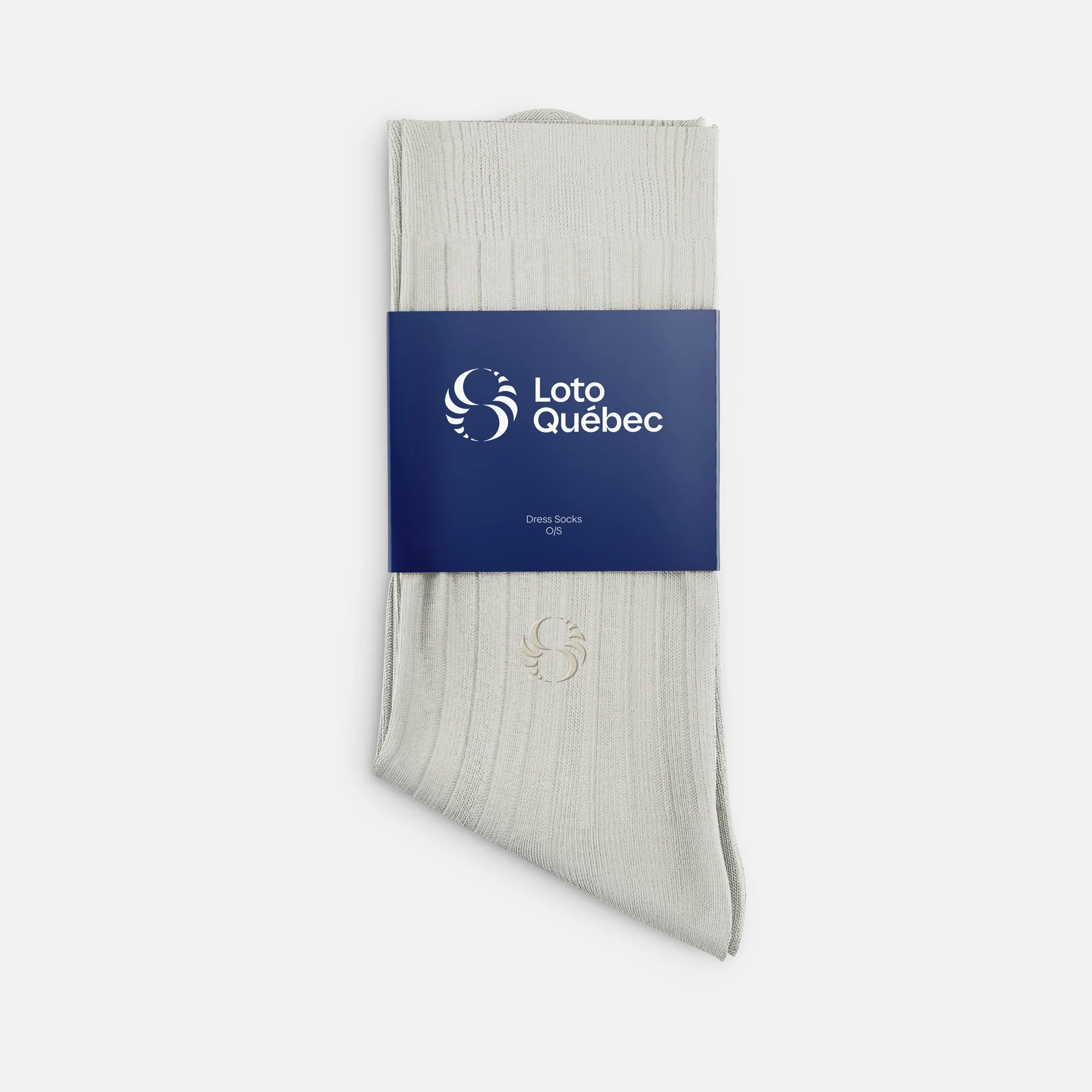 A pair of white dress socks in packaging labeled with the Quebec Lotto logo.