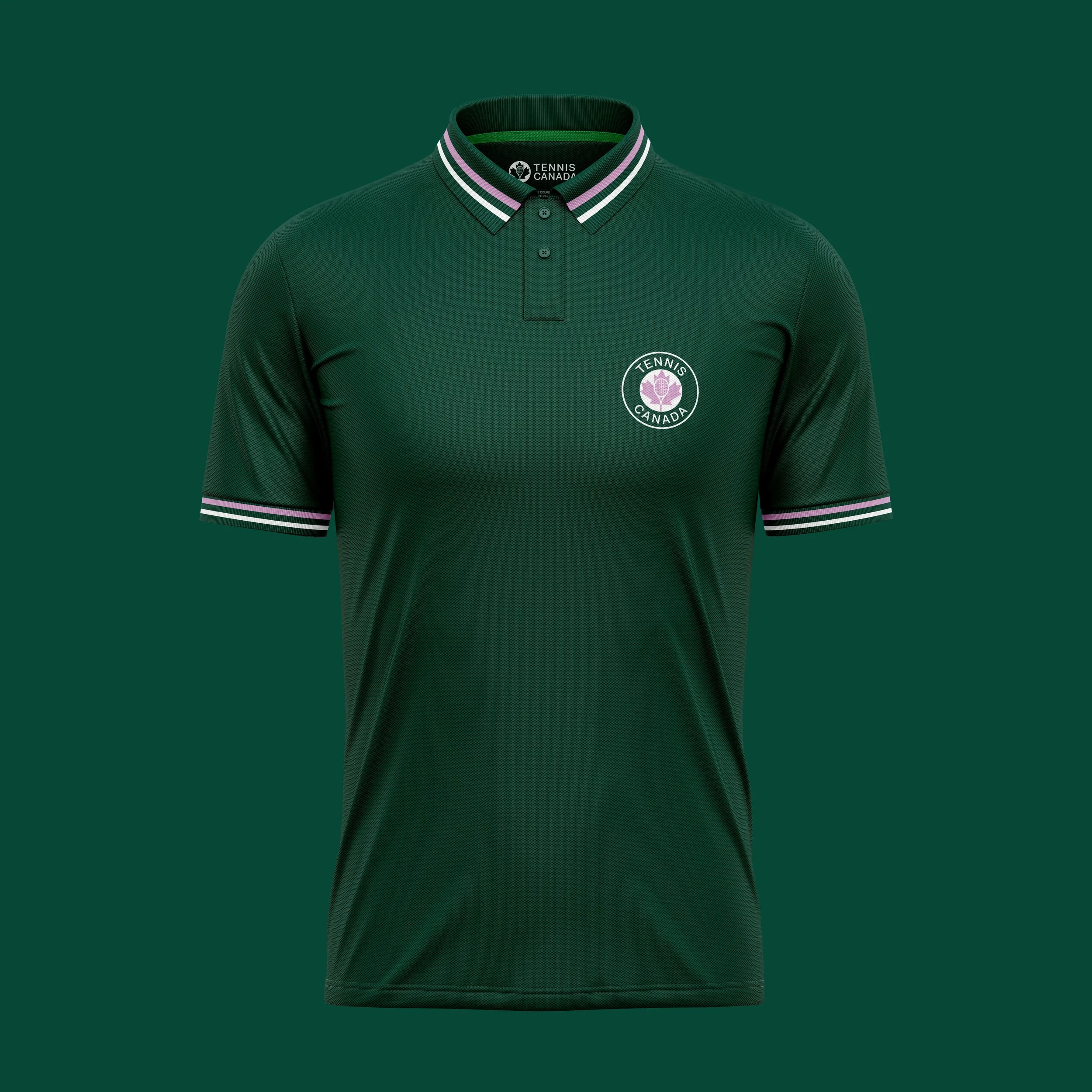 Green polo shirt with pink, white, and green striped collar and the Tennis Canada logo on the chest.