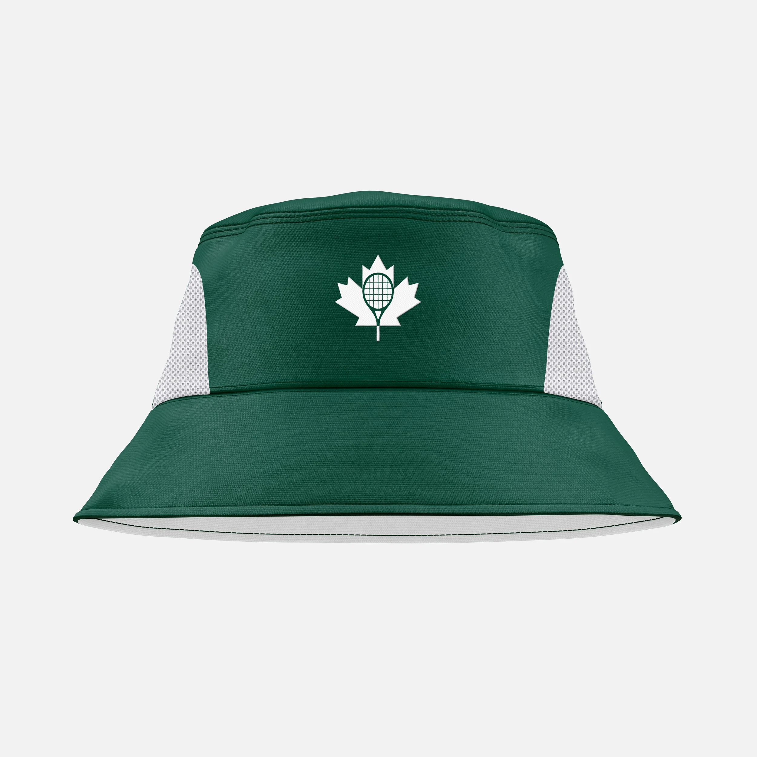 A green sports bag with a white maple leaf and tennis racket logo on the front, set against a plain white background.