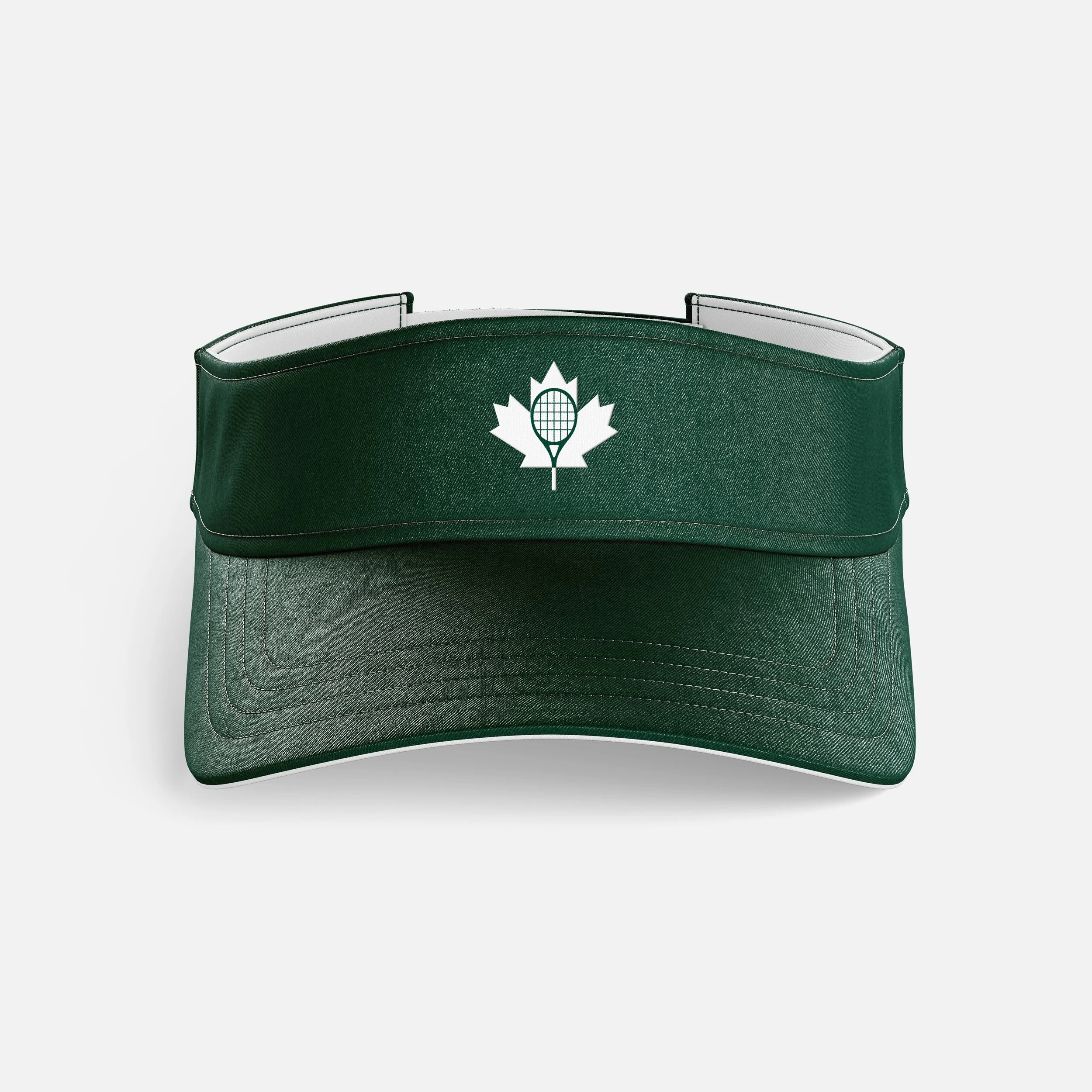 A green tennis bag with a white maple leaf and tennis racket logo on the front.