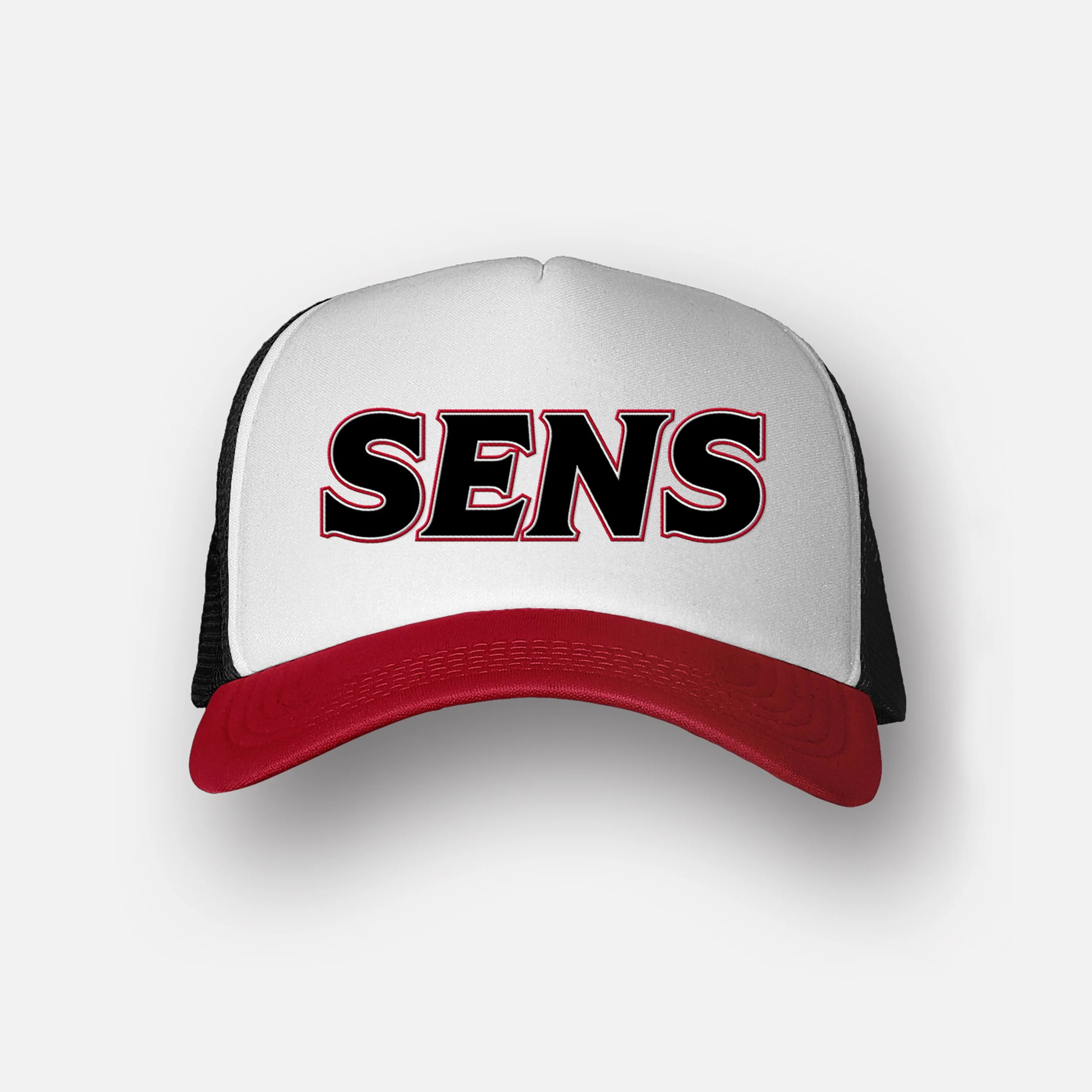 Front view of a white and red baseball cap with 'SENS' embroidered in black and red on the front