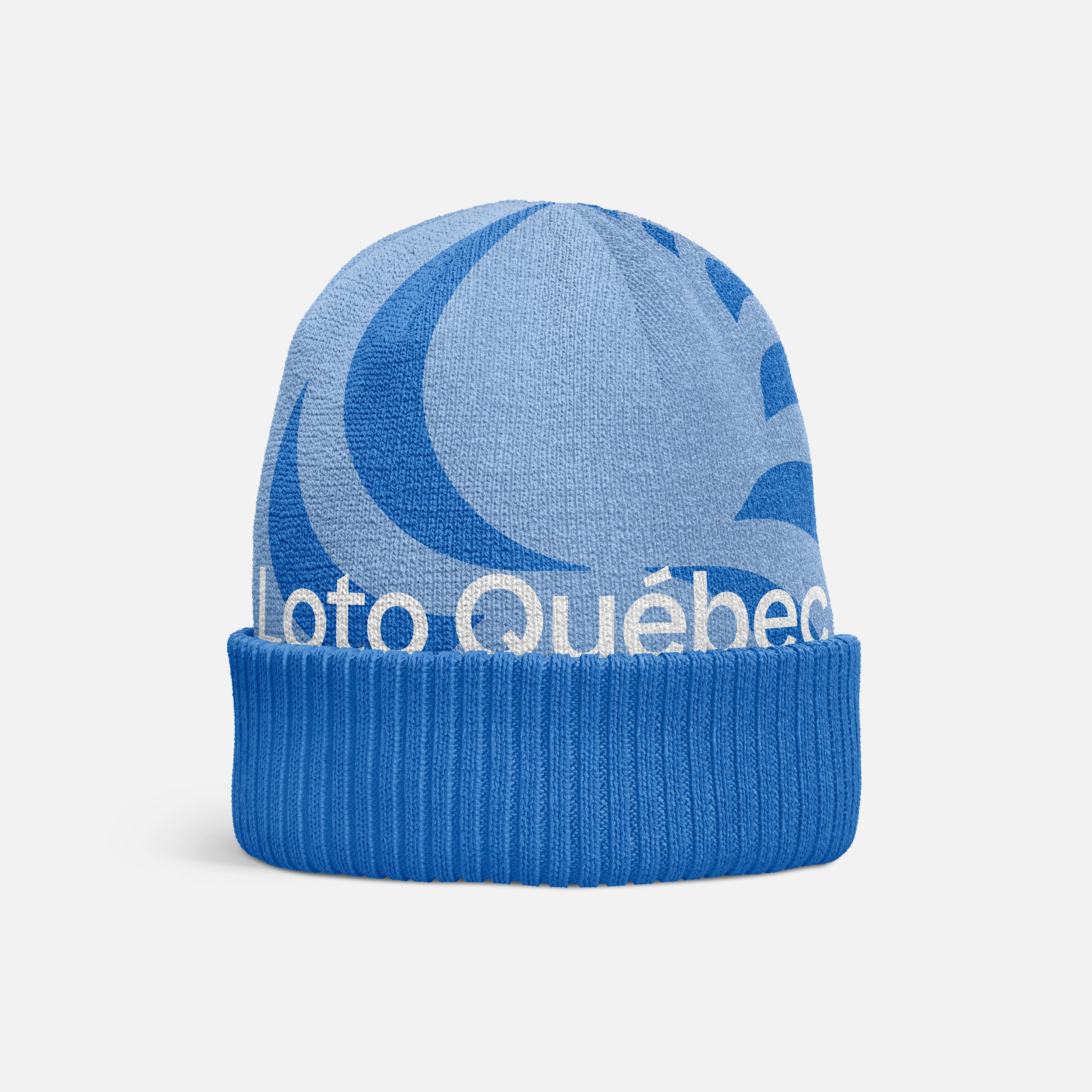 A blue knit hat with white and blue striped pattern and a folded brim, featuring a logo with the text "Loto Quhé".