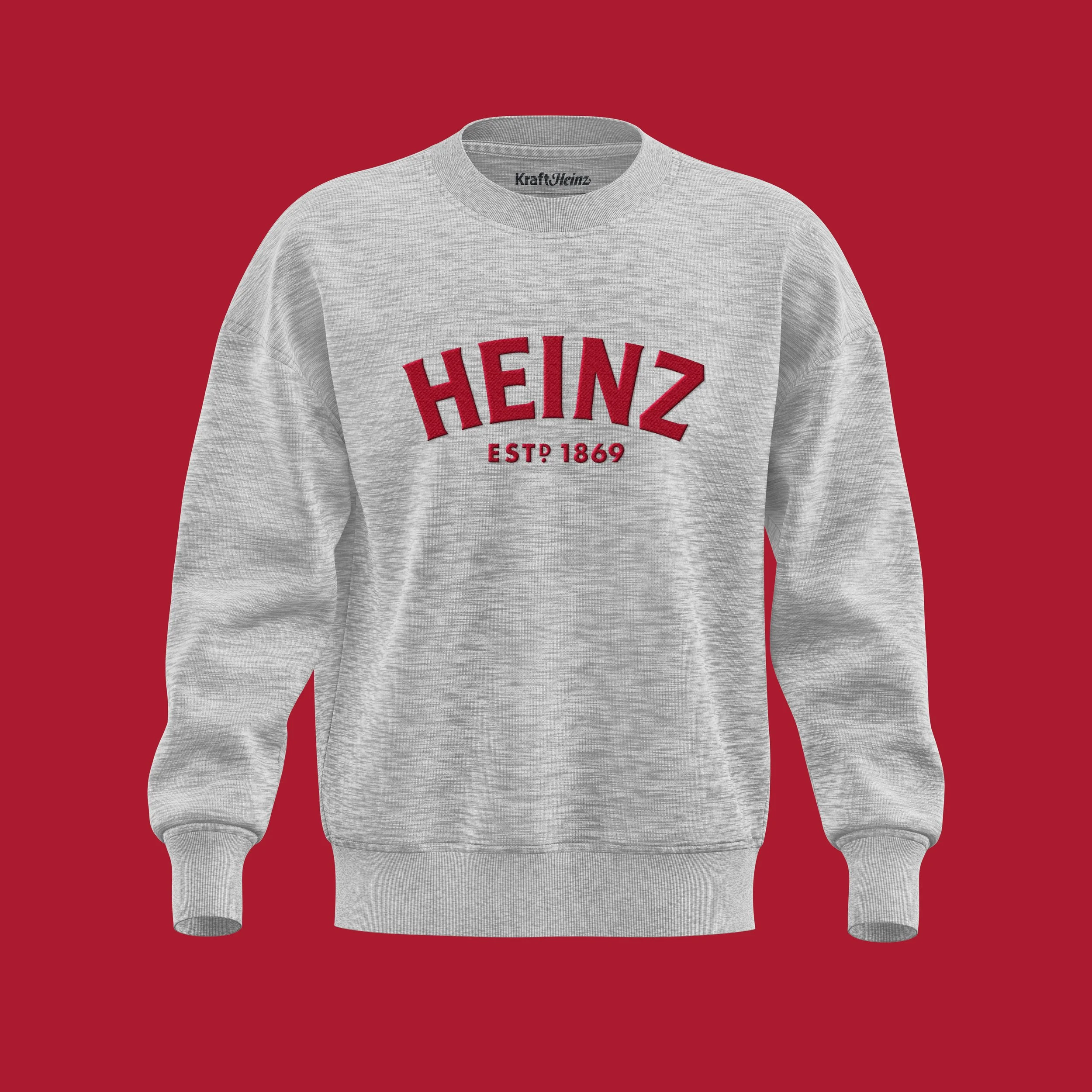Gray sweatshirt with "HEINZ EST. 1869" in red letters on red background.