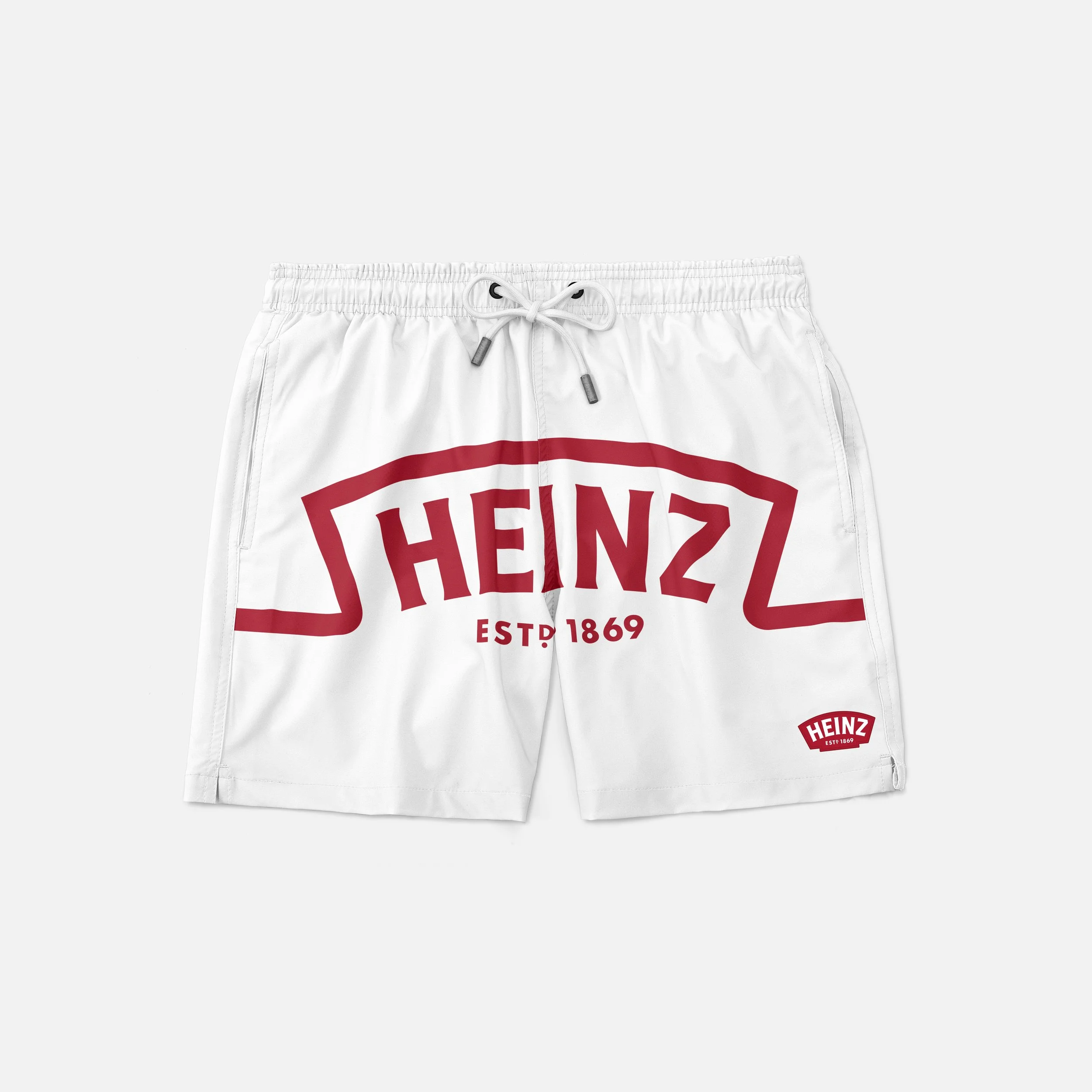 White shorts with red Heinz logo and "ESTD. 1869" printed on them.