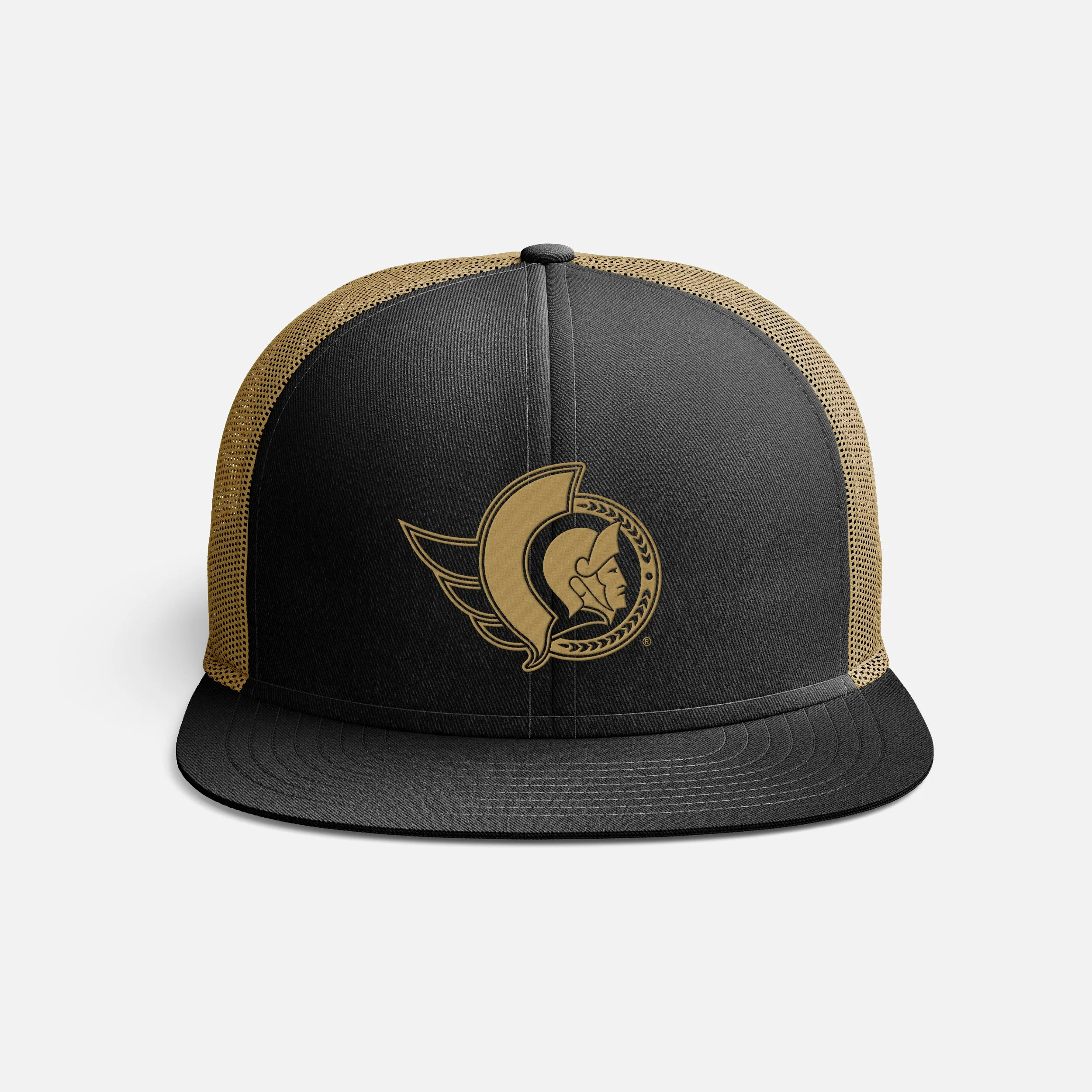 Close-up of a black and gold baseball cap with a logo on the front and detailed stitching.