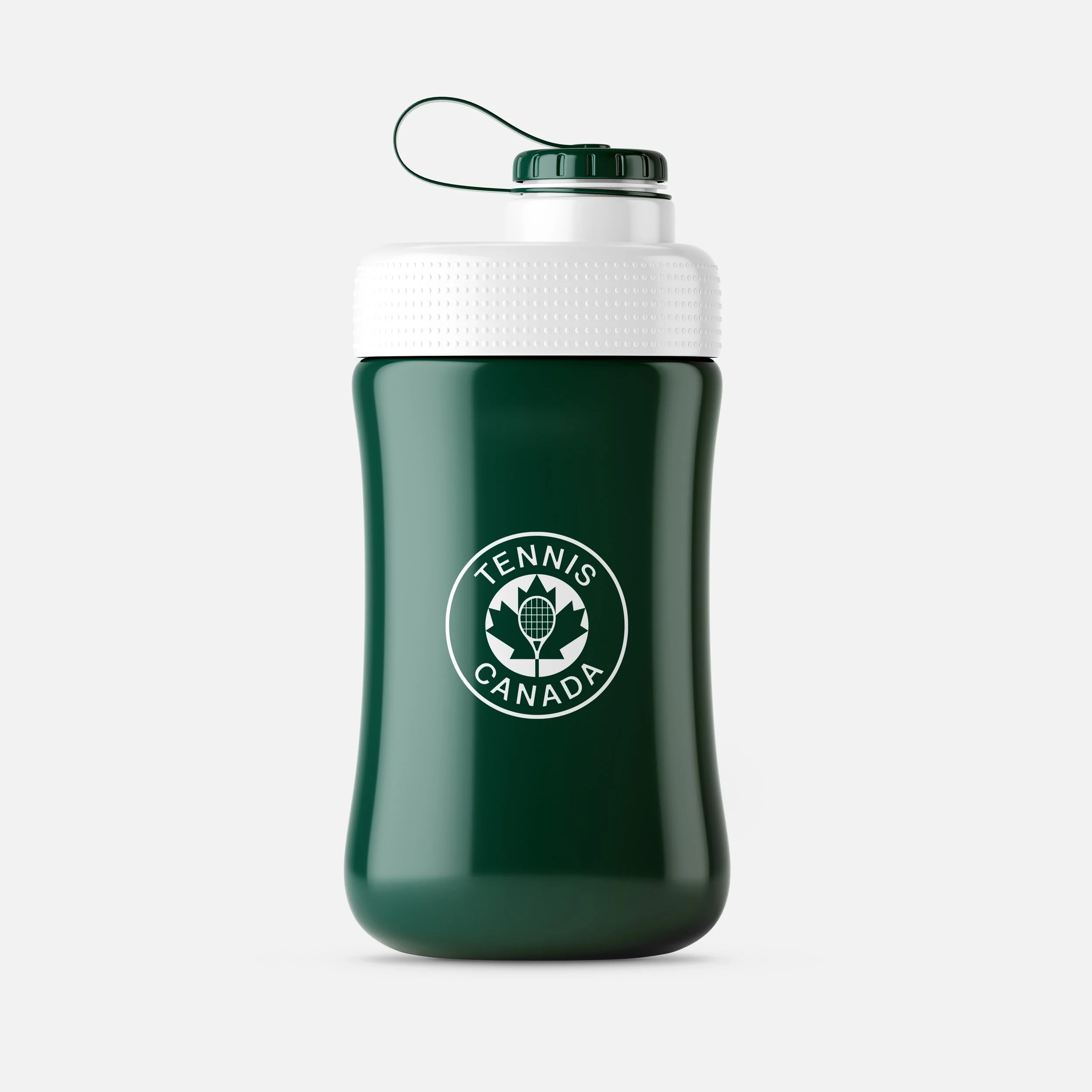 A green and white tennis-themed water bottle with a round logo that reads "TENNIS CANADA" along with a tennis ball and net graphic on it.