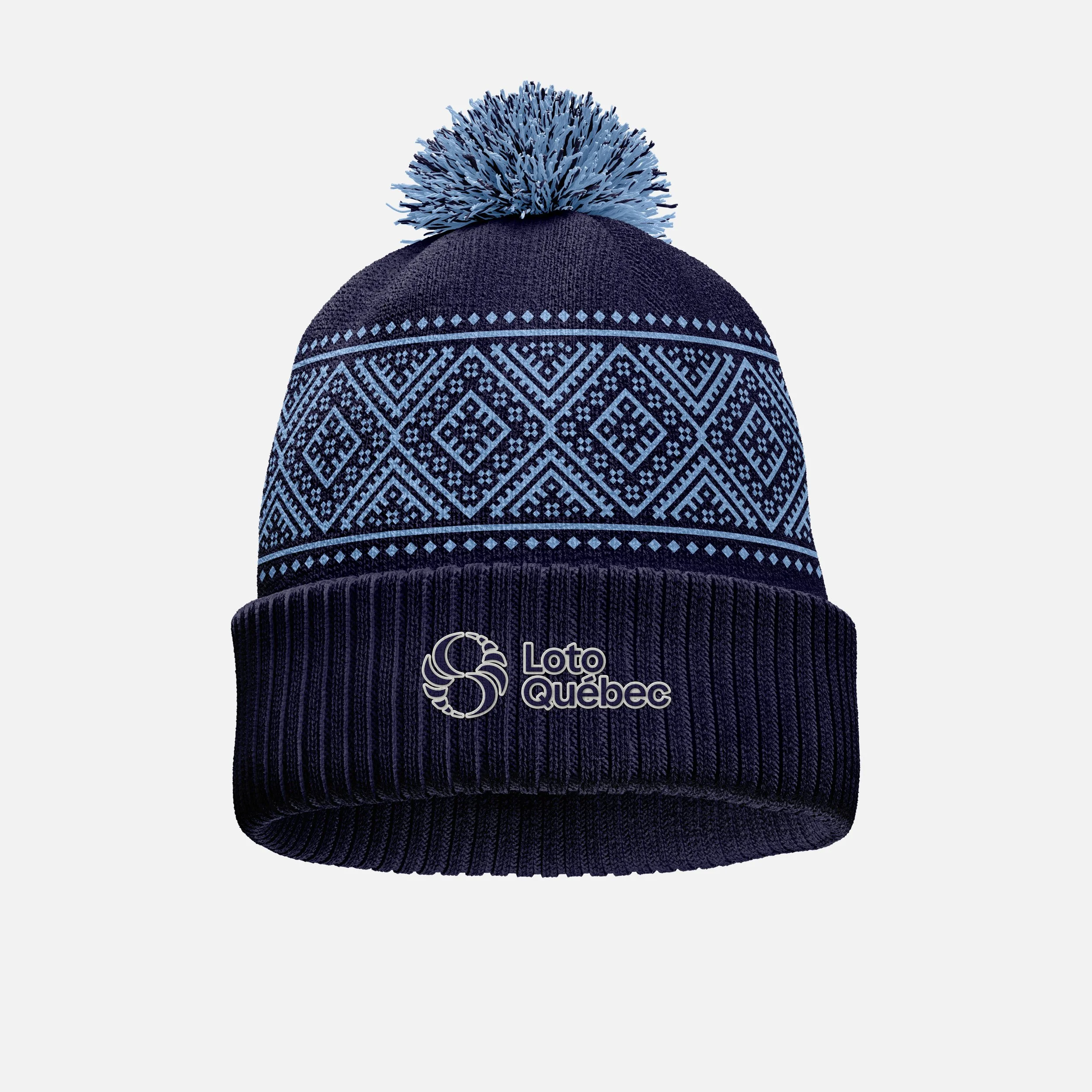 A navy blue knit winter hat with a pom-pom on top, featuring a geometric pattern and the logo 'Loto Quebec' on the front.