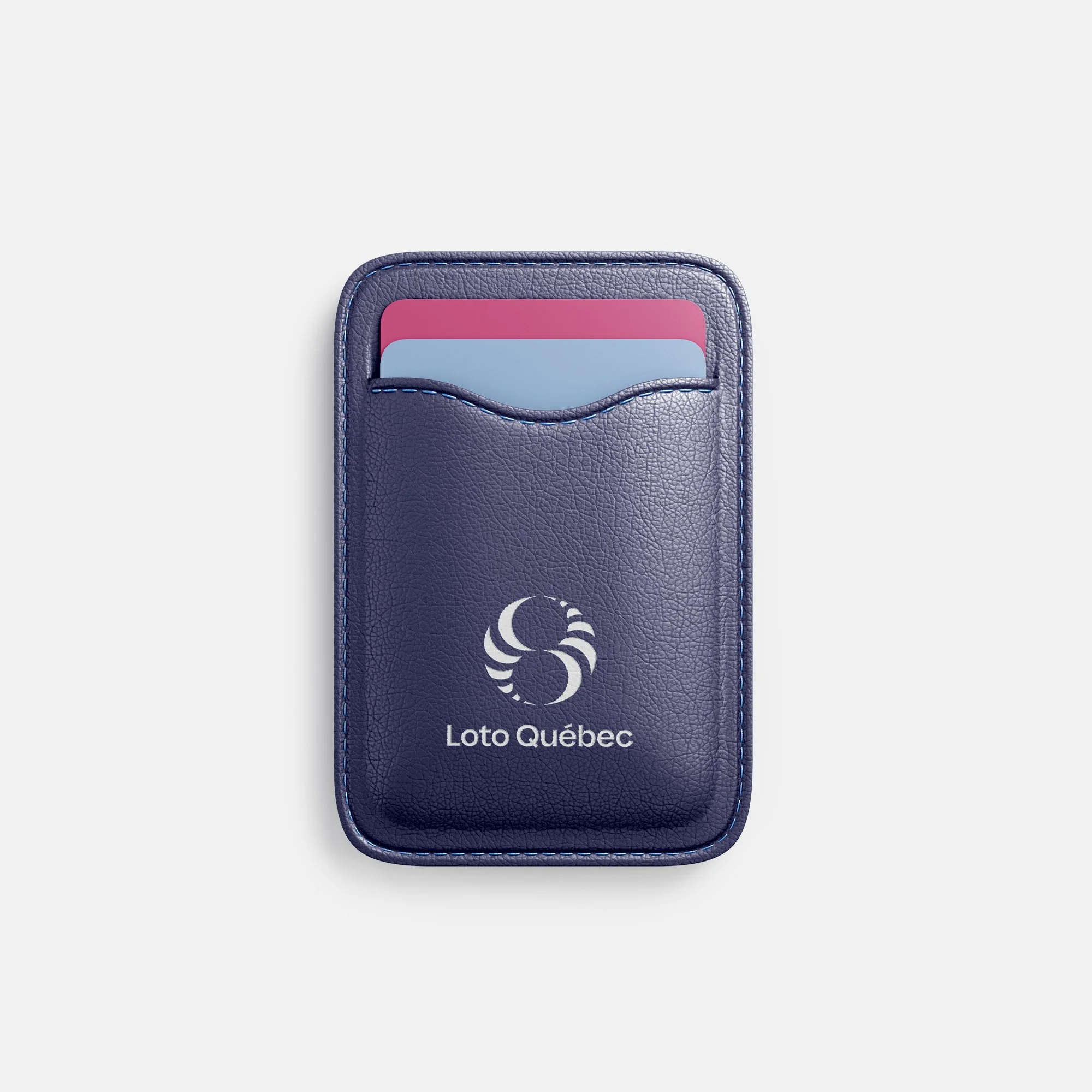 A close-up of a purple leather card holder with a crescent moon and star design and the words "Loto Québec" printed on it.