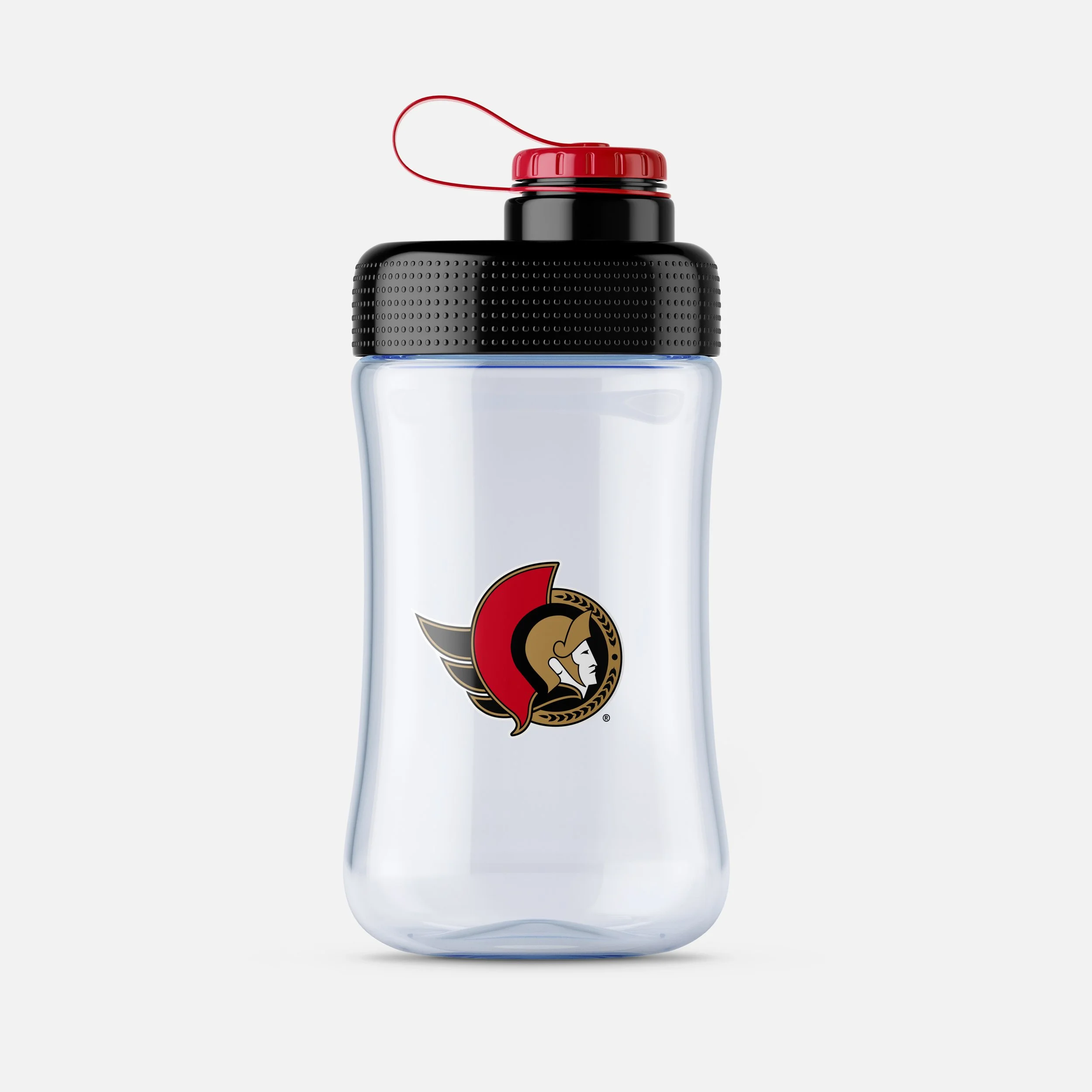 Close-up of a plastic water bottle with a black cap and red pull tab, featuring the Ottawa Senators logo.