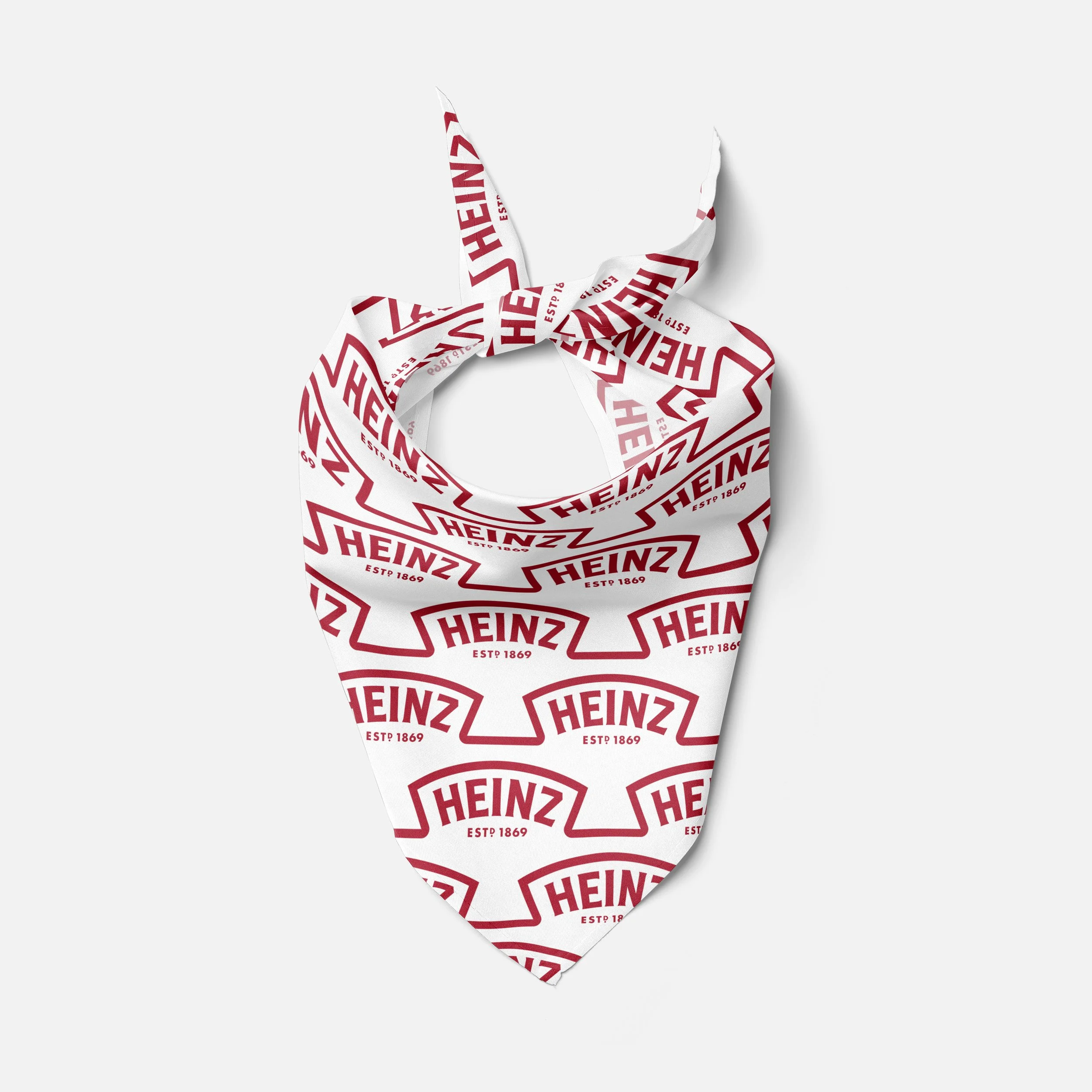 White bandana with Heinz logo pattern and red text, established 1869.